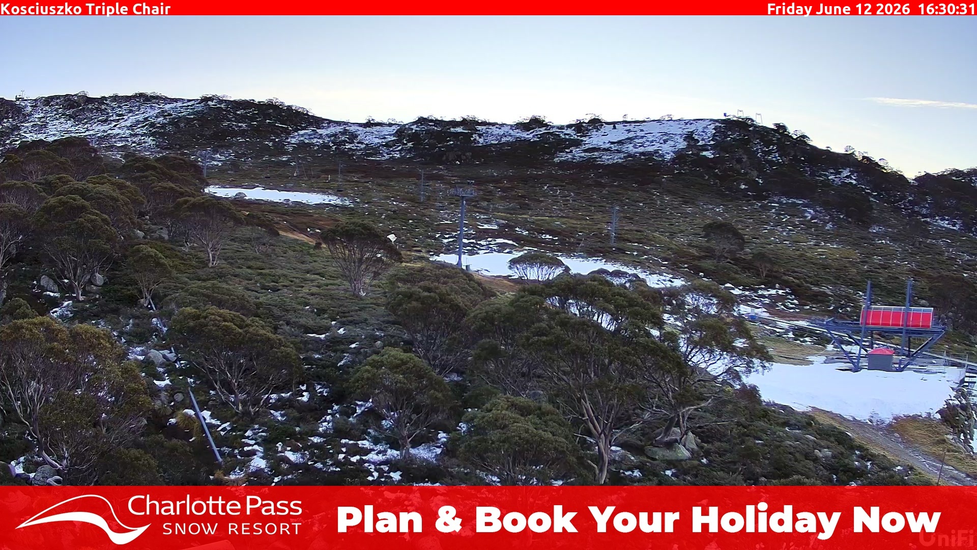 Charlotte Pass Kosciuszko Triple Chair snow cam captured at 12 June 2026, 6:34 am