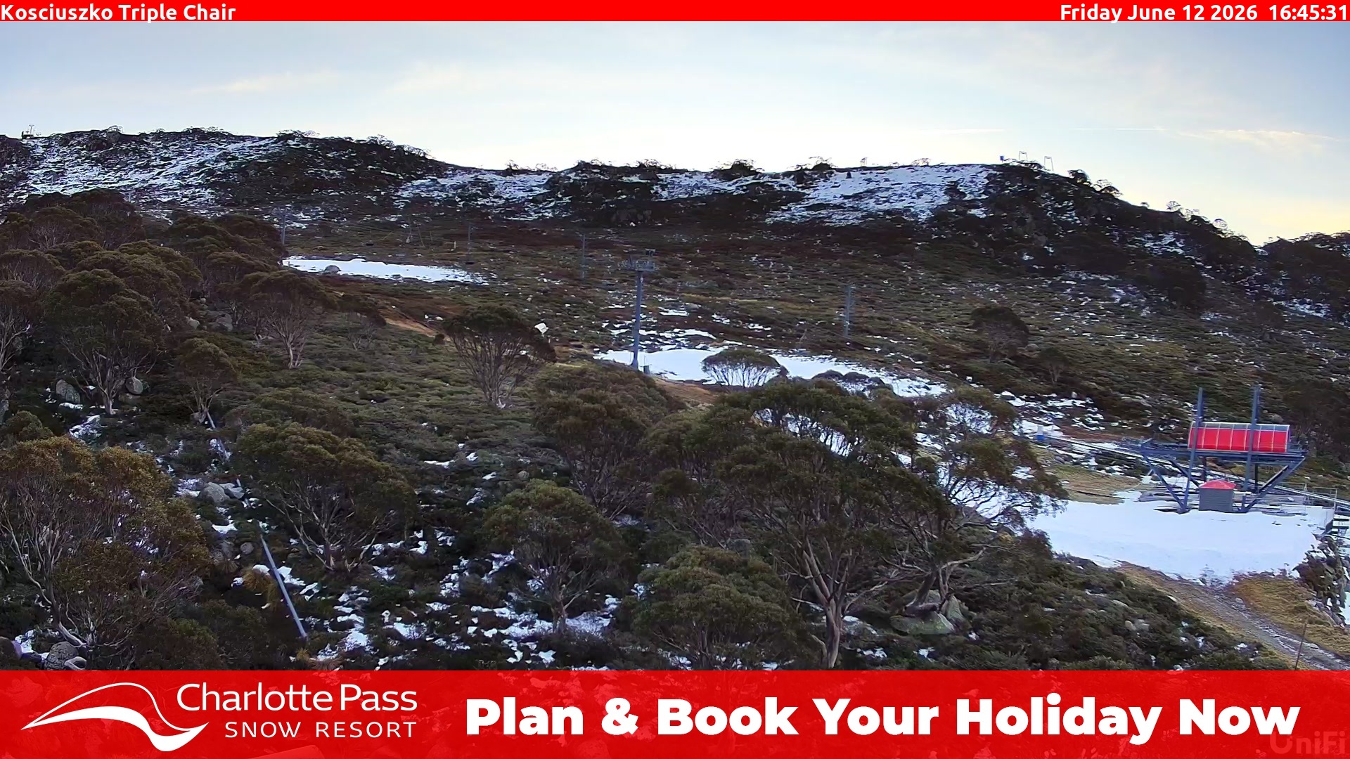 Charlotte Pass Kosciuszko Triple Chair snow cam captured at 12 June 2026, 6:46 am
