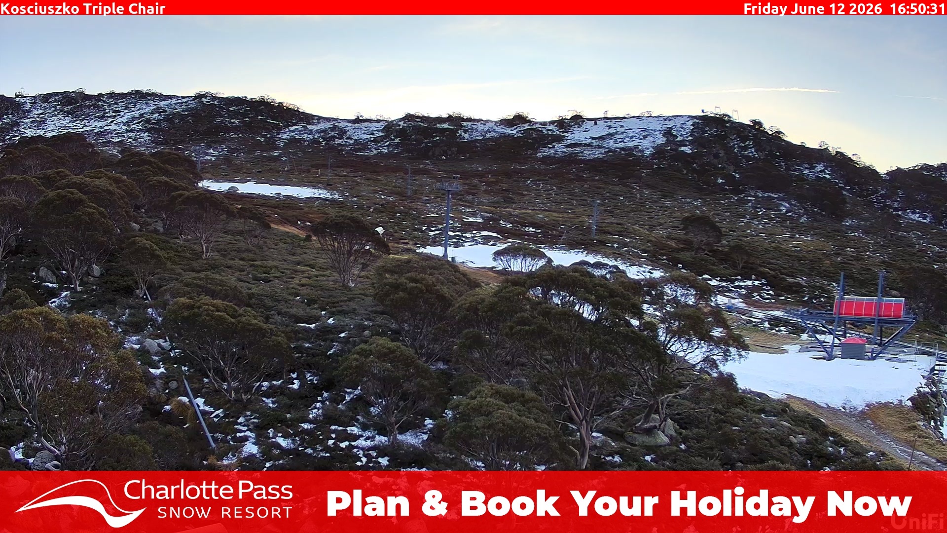 Charlotte Pass Kosciuszko Triple Chair snow cam captured at 12 June 2026, 6:52 am