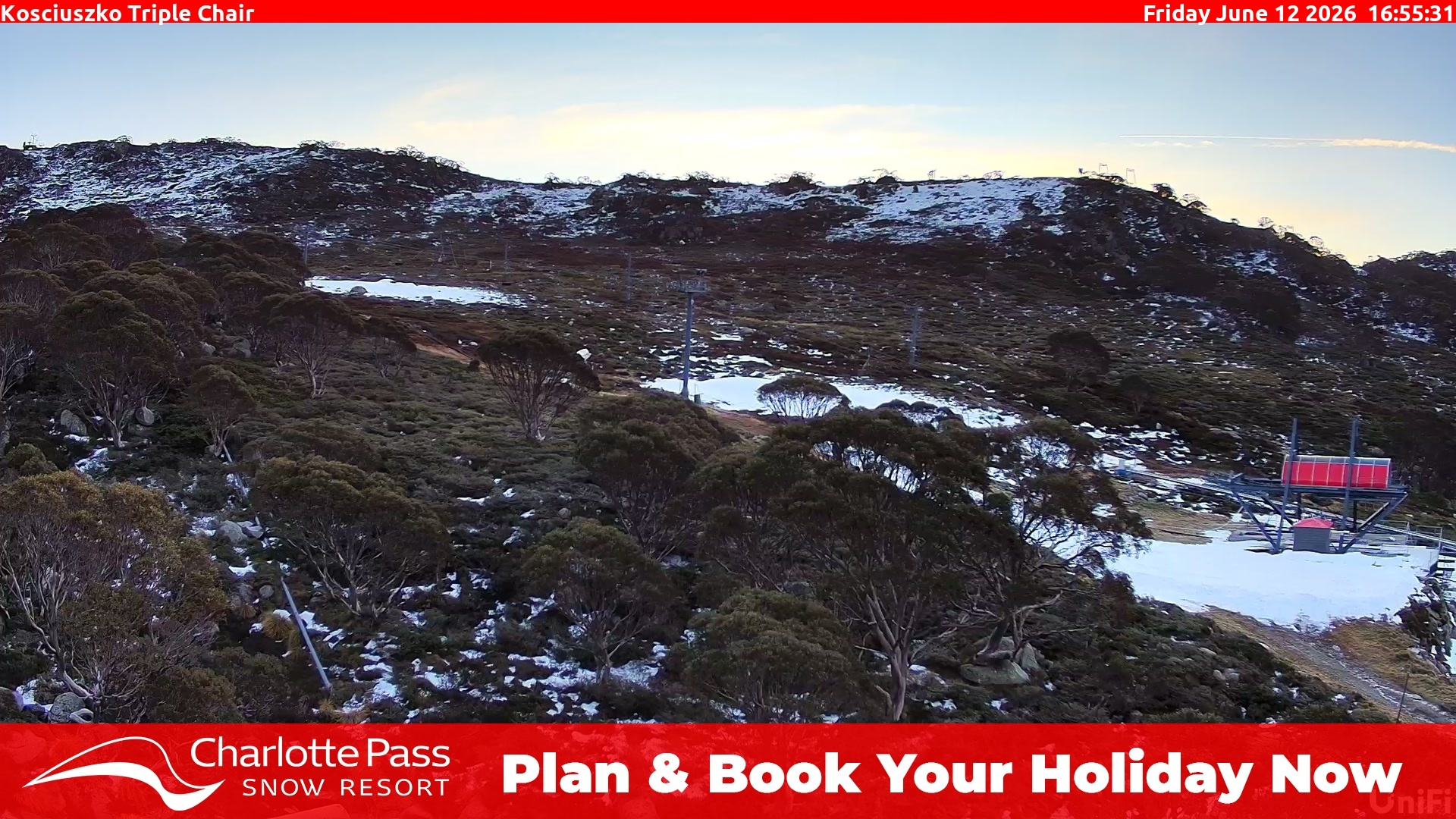 Charlotte Pass Kosciuszko Triple Chair snow cam captured at 12 June 2026, 6:58 am