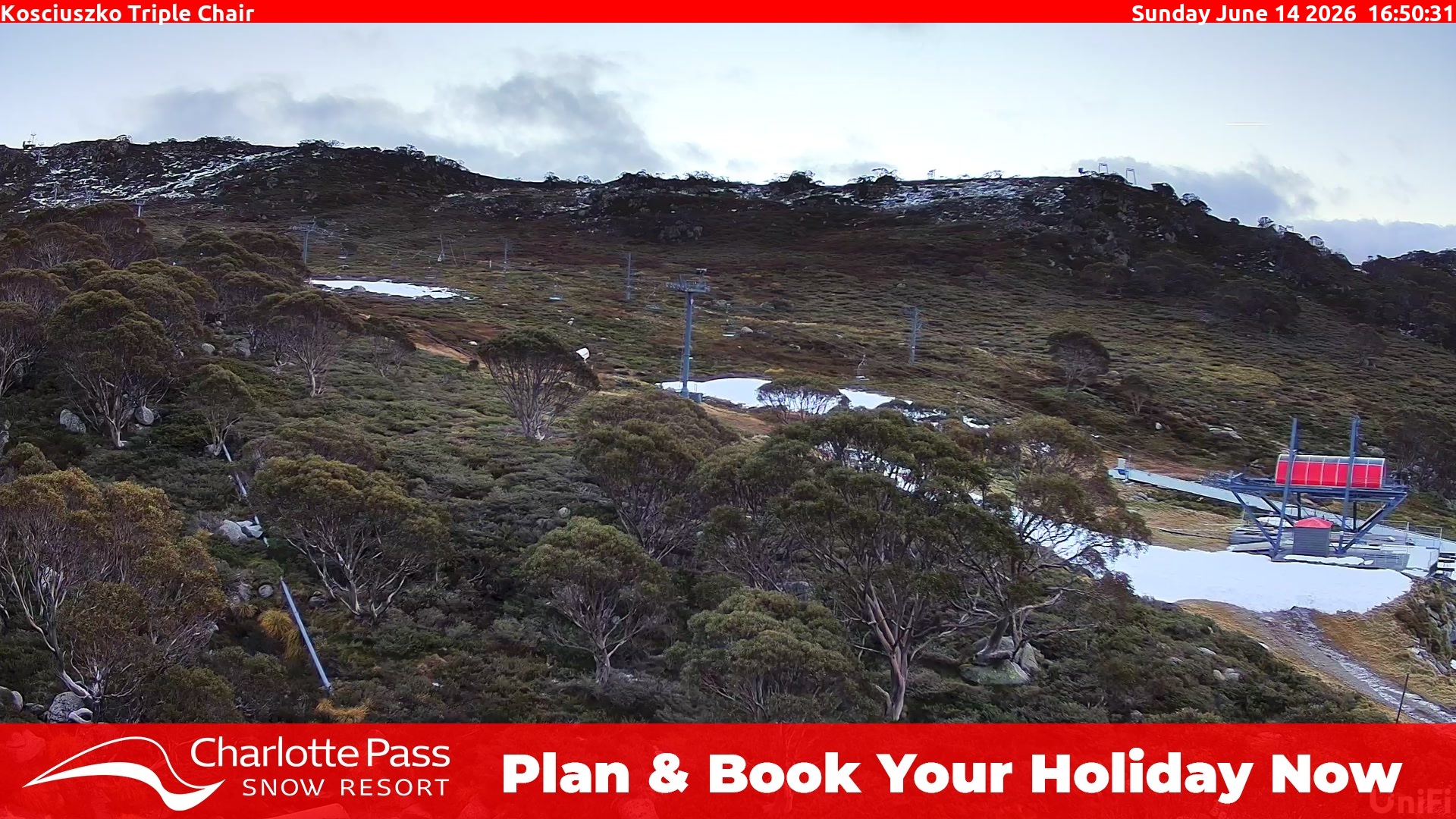 Charlotte Pass Kosciuszko Triple Chair snow cam captured at 14 June 2026, 6:53 am