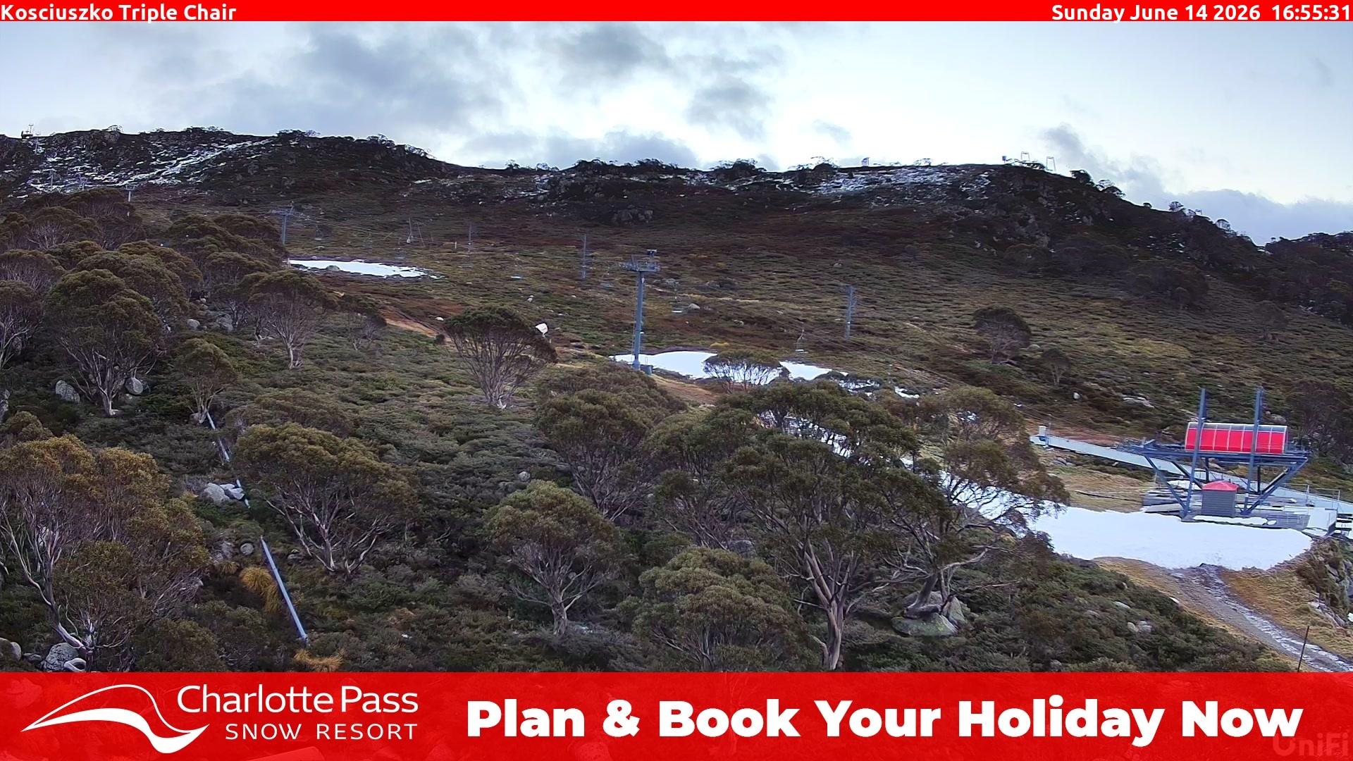 Charlotte Pass Kosciuszko Triple Chair snow cam captured at 14 June 2026, 6:59 am