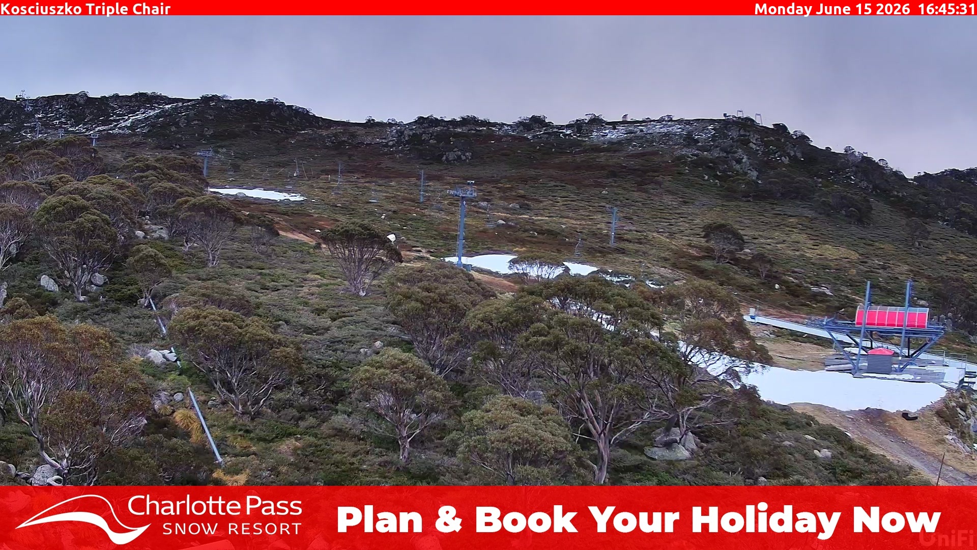 Charlotte Pass Kosciuszko Triple Chair snow cam captured at 15 June 2026, 6:47 am