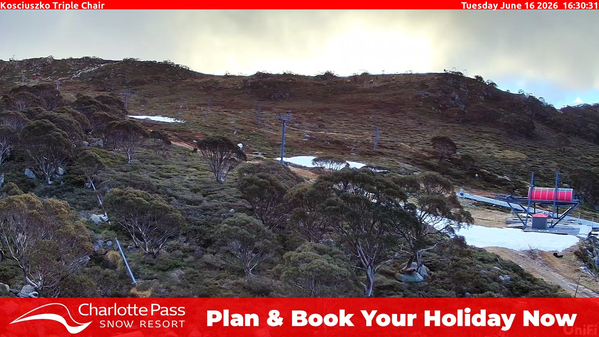 Charlotte Pass Kosciuszko Triple Chair snow cam captured at 16 June 2026, 6:30 am