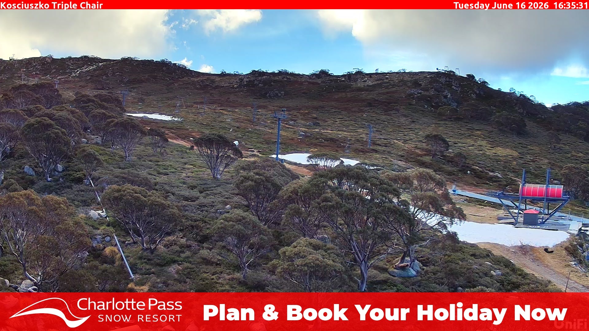 Charlotte Pass Kosciuszko Triple Chair snow cam captured at 16 June 2026, 6:36 am