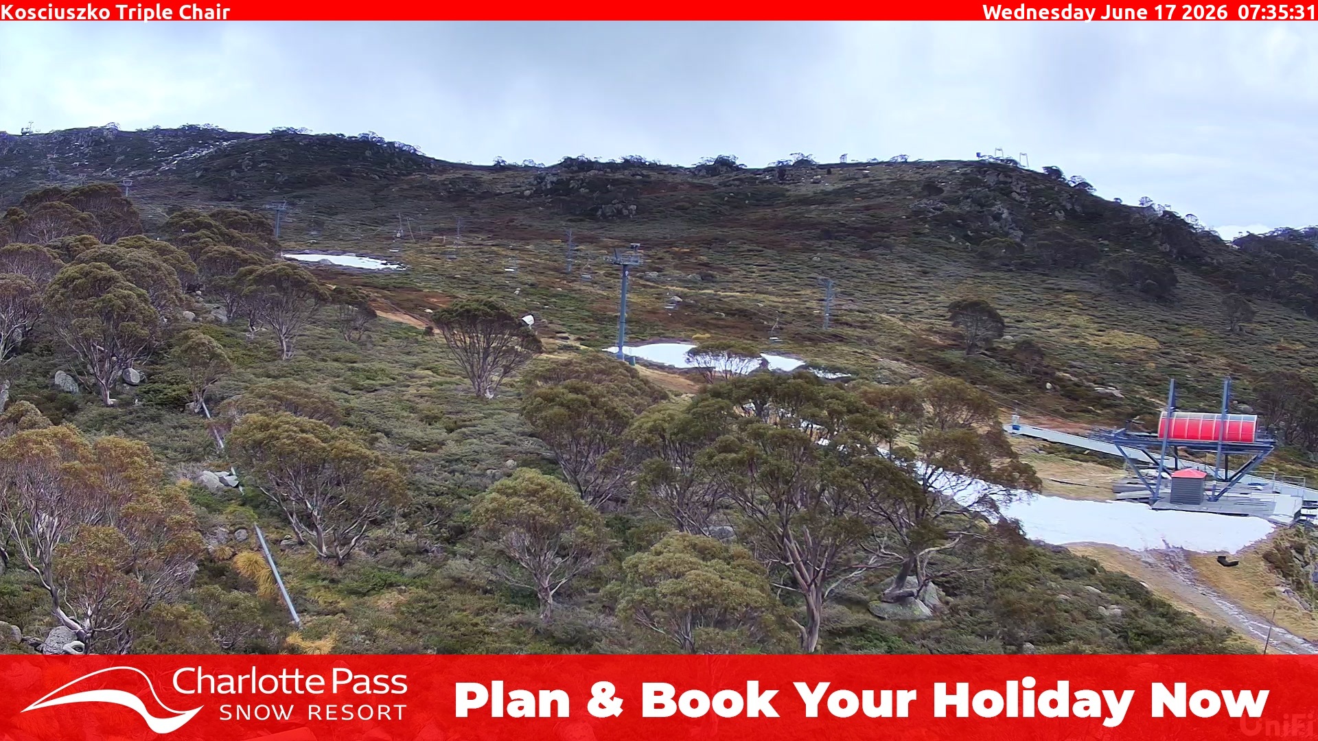 Charlotte Pass Kosciuszko Triple Chair snow cam captured at 16 June 2026, 9:36 pm