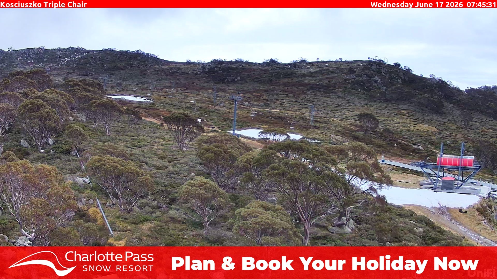 Charlotte Pass Kosciuszko Triple Chair snow cam captured at 16 June 2026, 9:48 pm