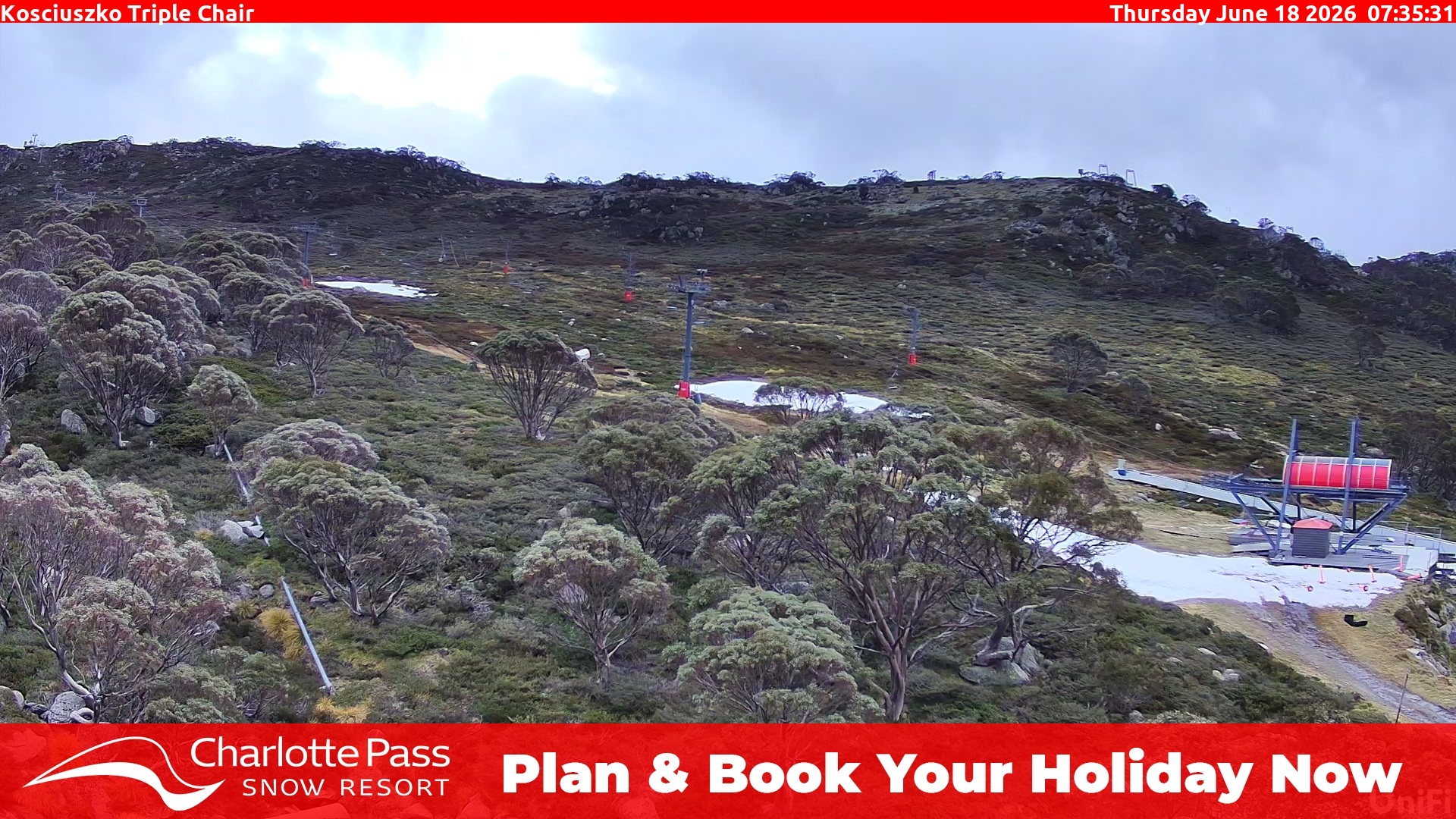 Charlotte Pass Kosciuszko Triple Chair snow cam captured at 17 June 2026, 9:36 pm