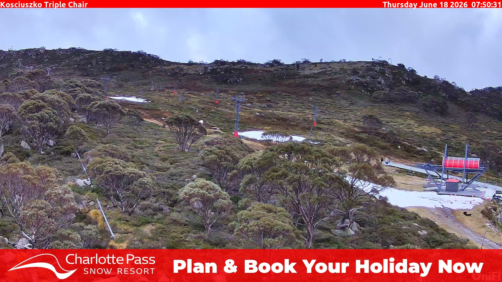 Charlotte Pass Kosciuszko Triple Chair snow cam captured at 17 June 2026, 9:54 pm