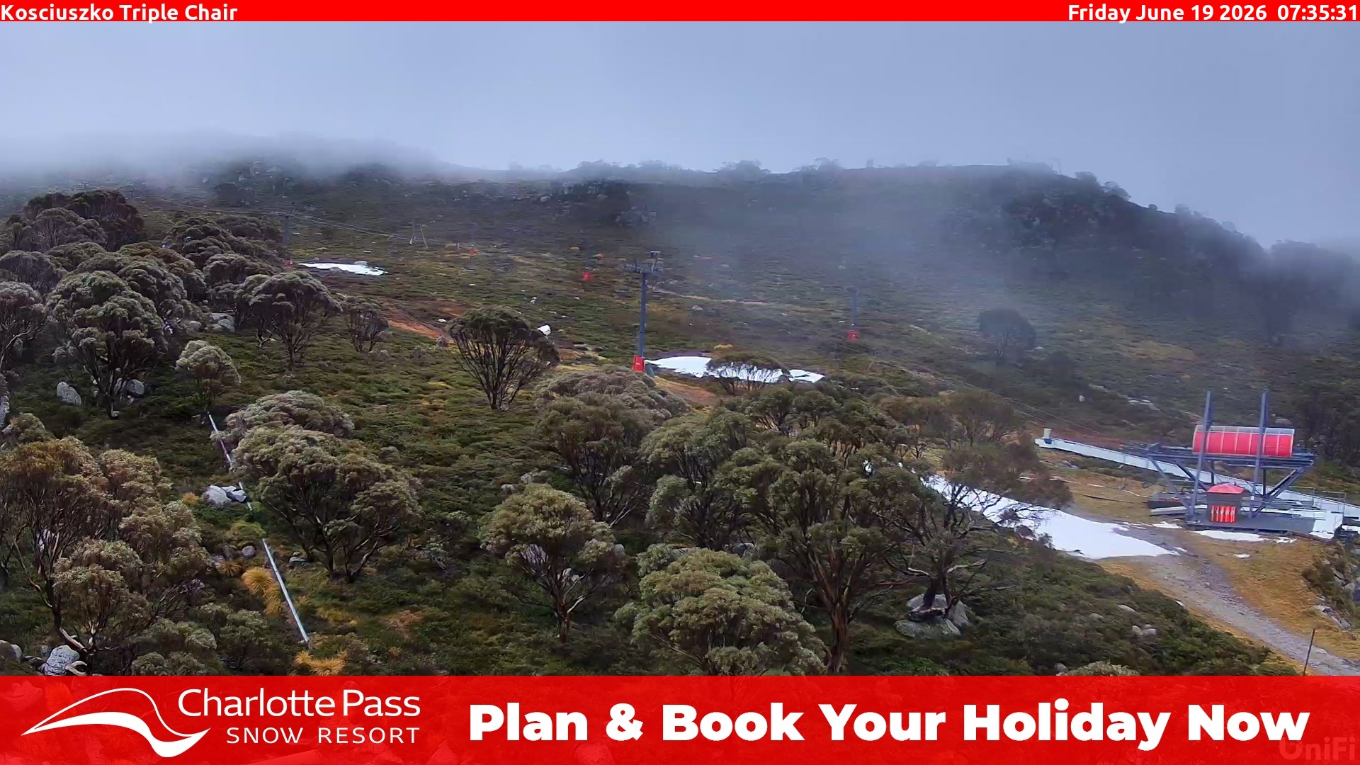 Charlotte Pass Kosciuszko Triple Chair snow cam captured at 18 June 2026, 9:35 pm