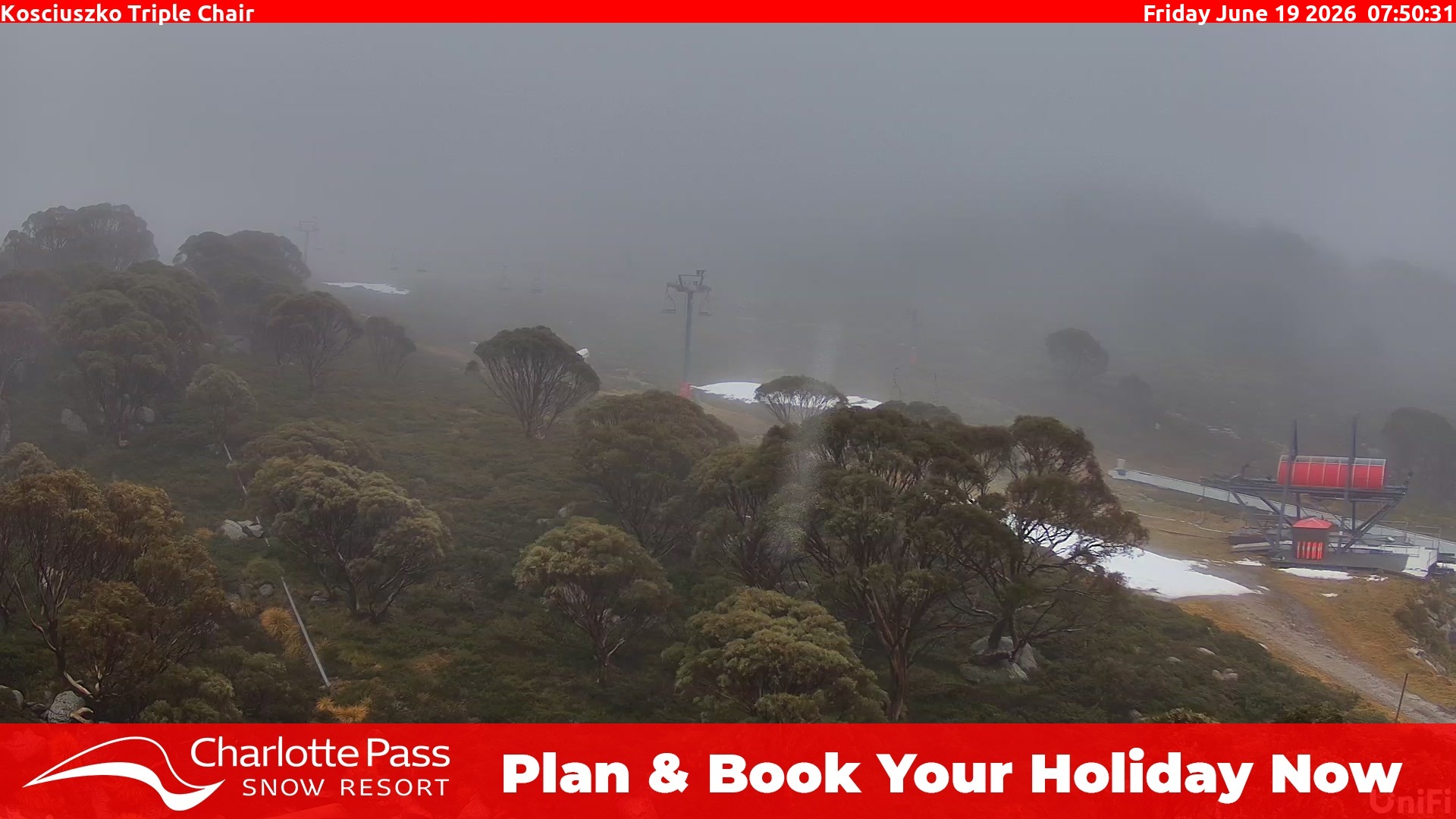 Charlotte Pass Kosciuszko Triple Chair snow cam captured at 18 June 2026, 9:53 pm