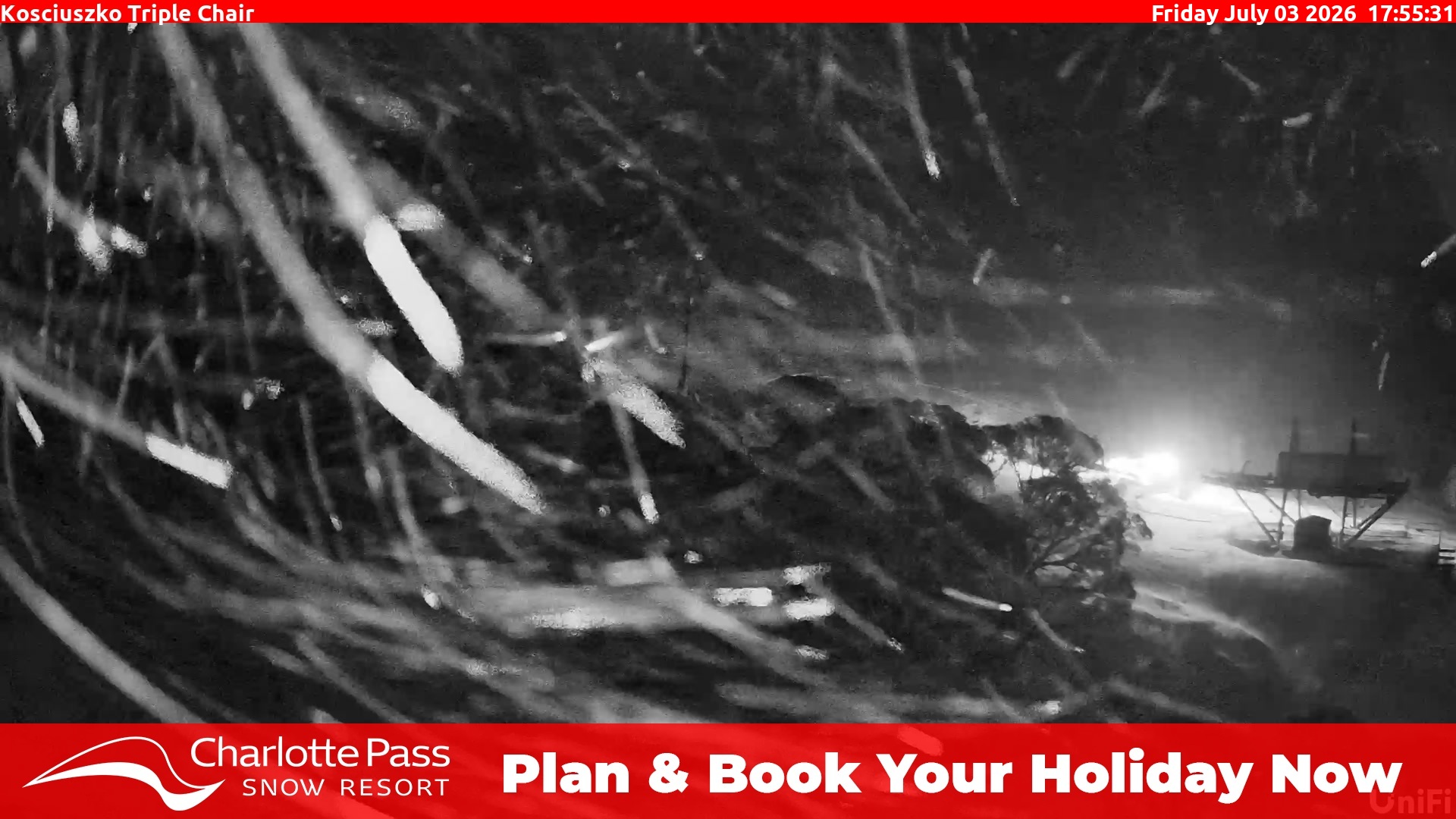 Charlotte Pass Kosciuszko Triple Chair snow cam captured at 3 July 2026 at 6:00 pm AEST