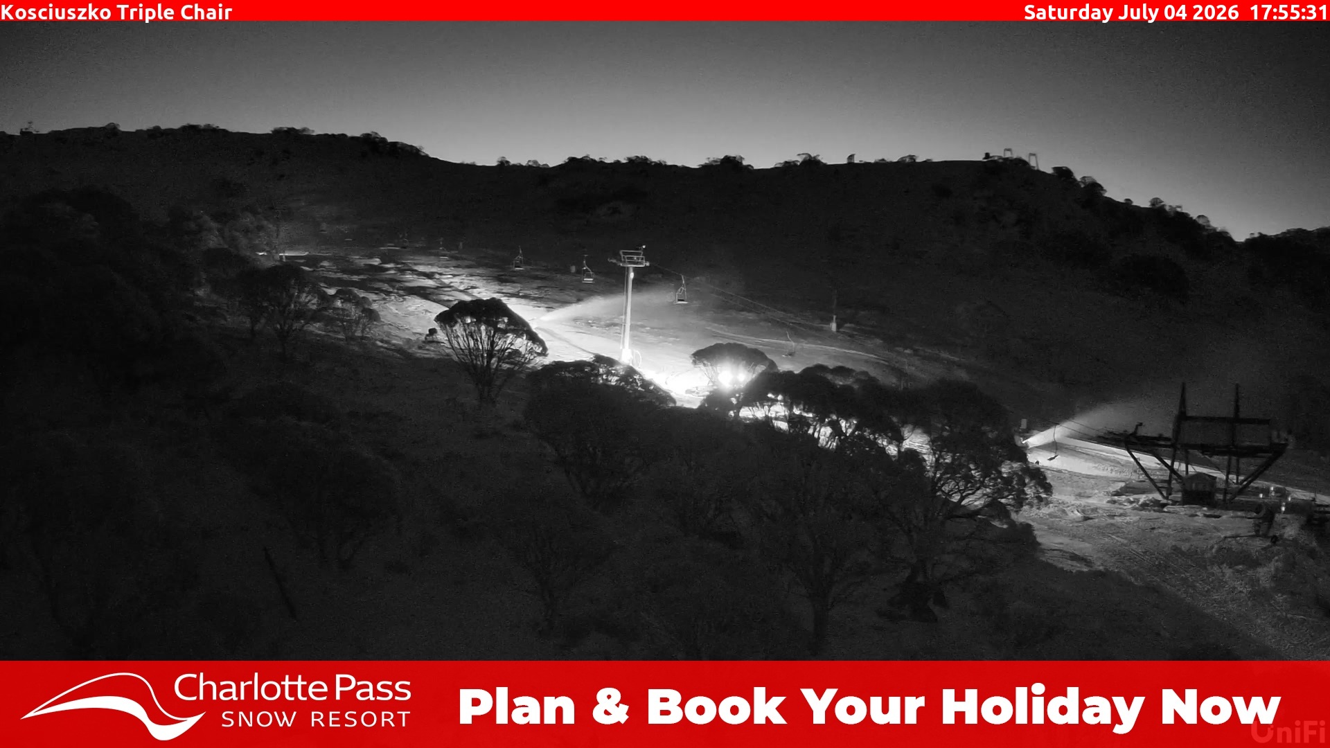 Charlotte Pass Kosciuszko Triple Chair snow cam captured at 4 July 2026 at 6:01 pm AEST