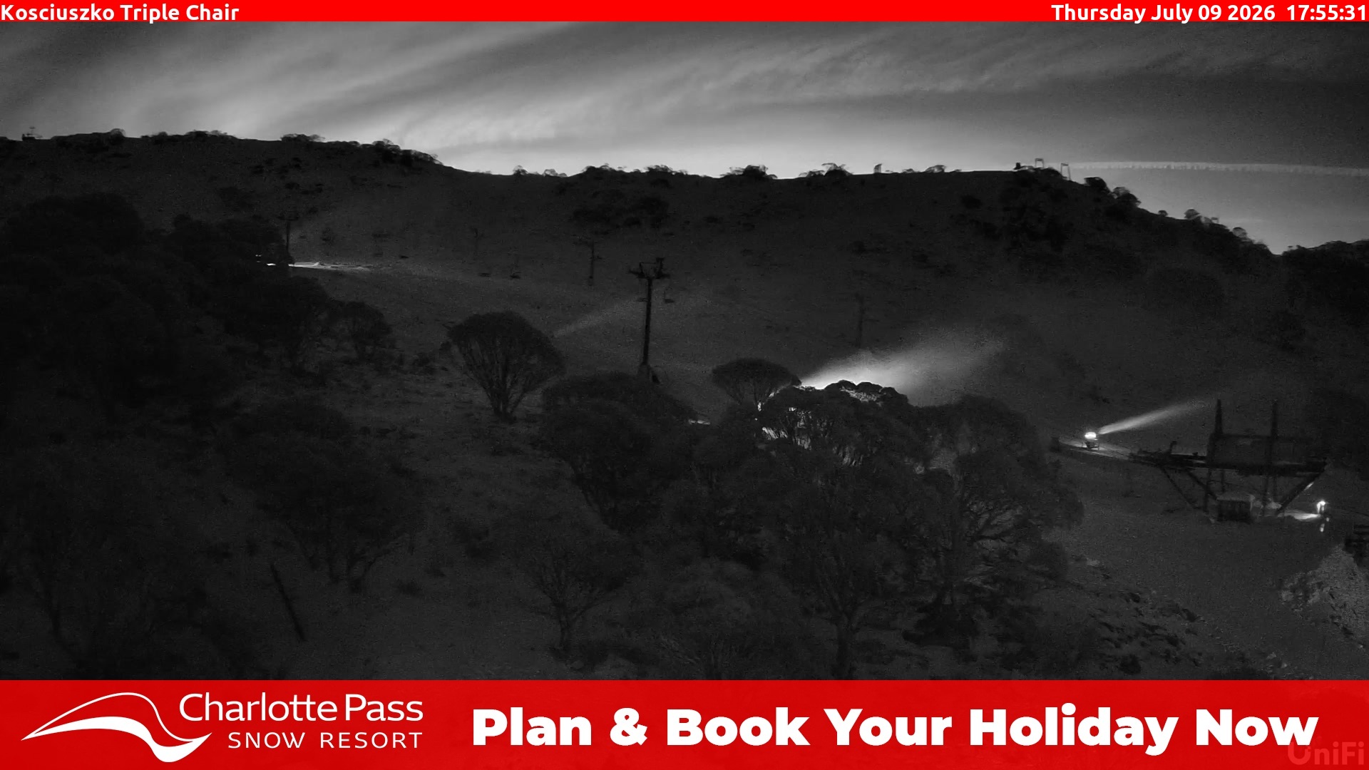 Charlotte Pass Kosciuszko Triple Chair snow cam captured at 9 July 2026 at 6:06 pm AEST