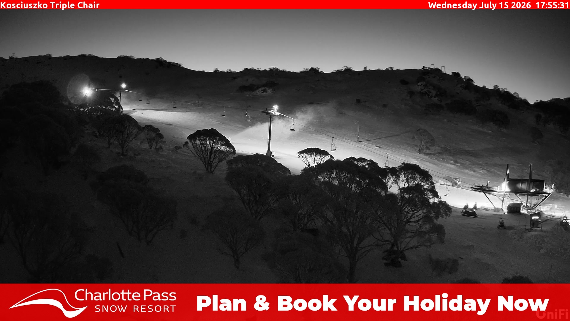 Charlotte Pass Kosciuszko Triple Chair snow cam captured at 15 July 2026 at 6:02 pm AEST