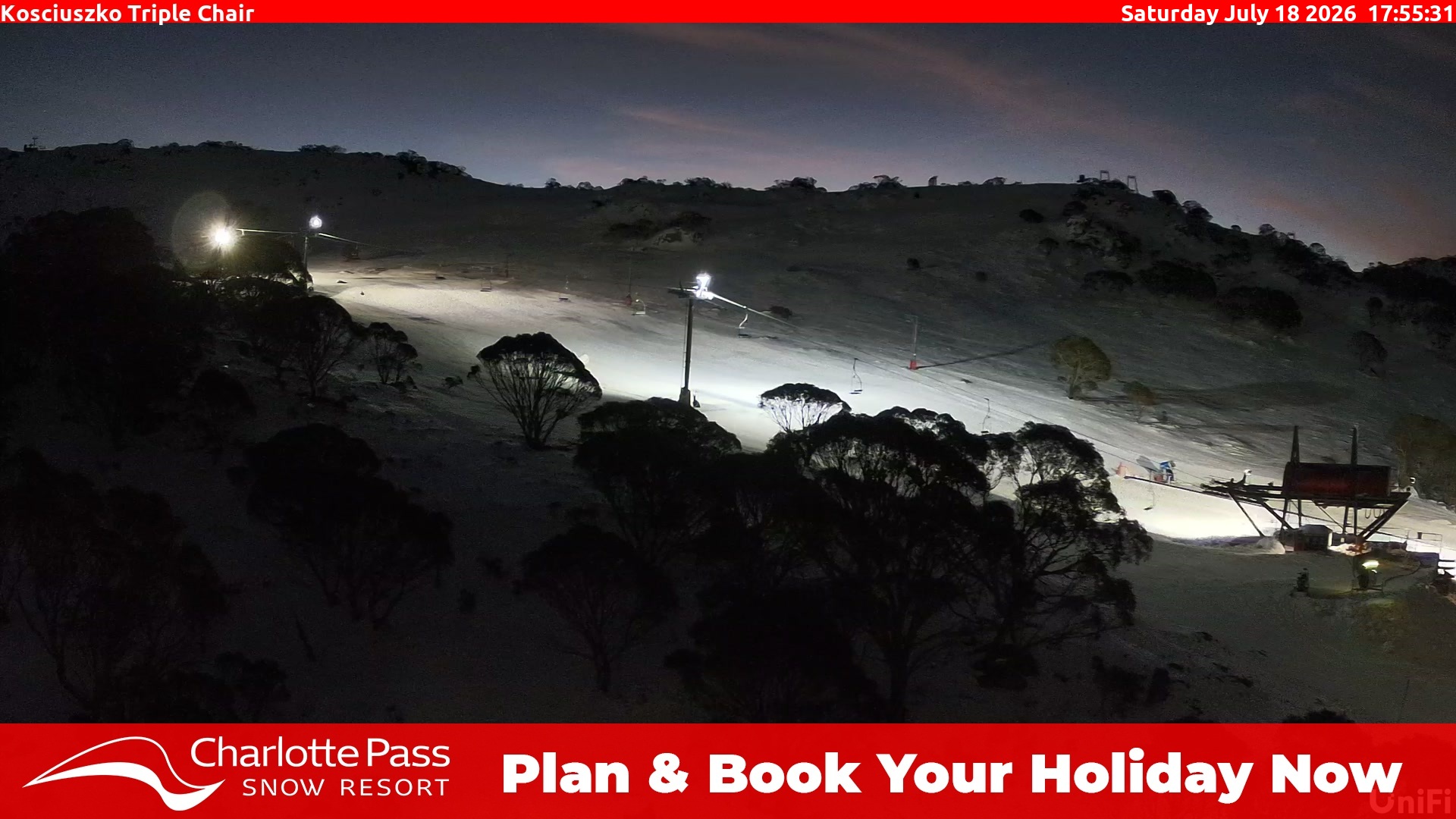 Charlotte Pass Kosciuszko Triple Chair snow cam captured at 18 July 2026 at 6:05 pm AEST