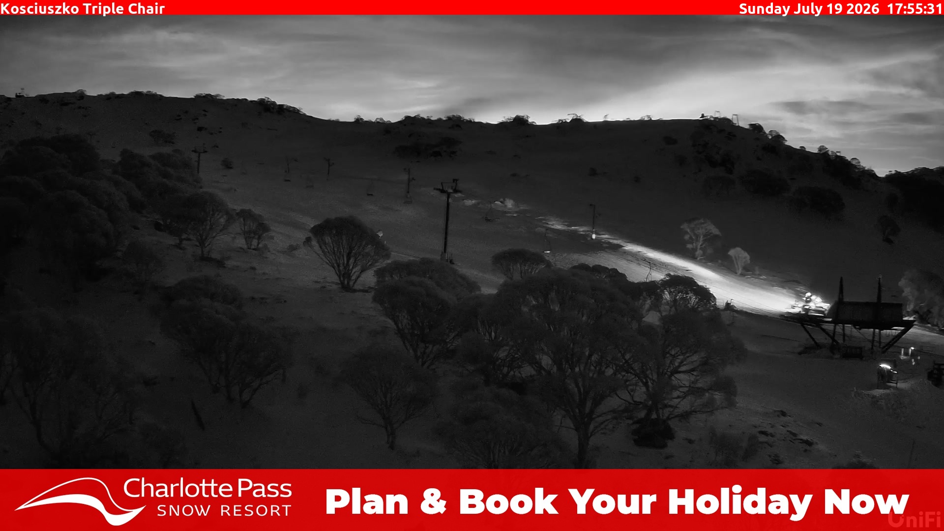 Charlotte Pass Kosciuszko Triple Chair snow cam captured at 19 July 2026 at 5:55 pm AEST