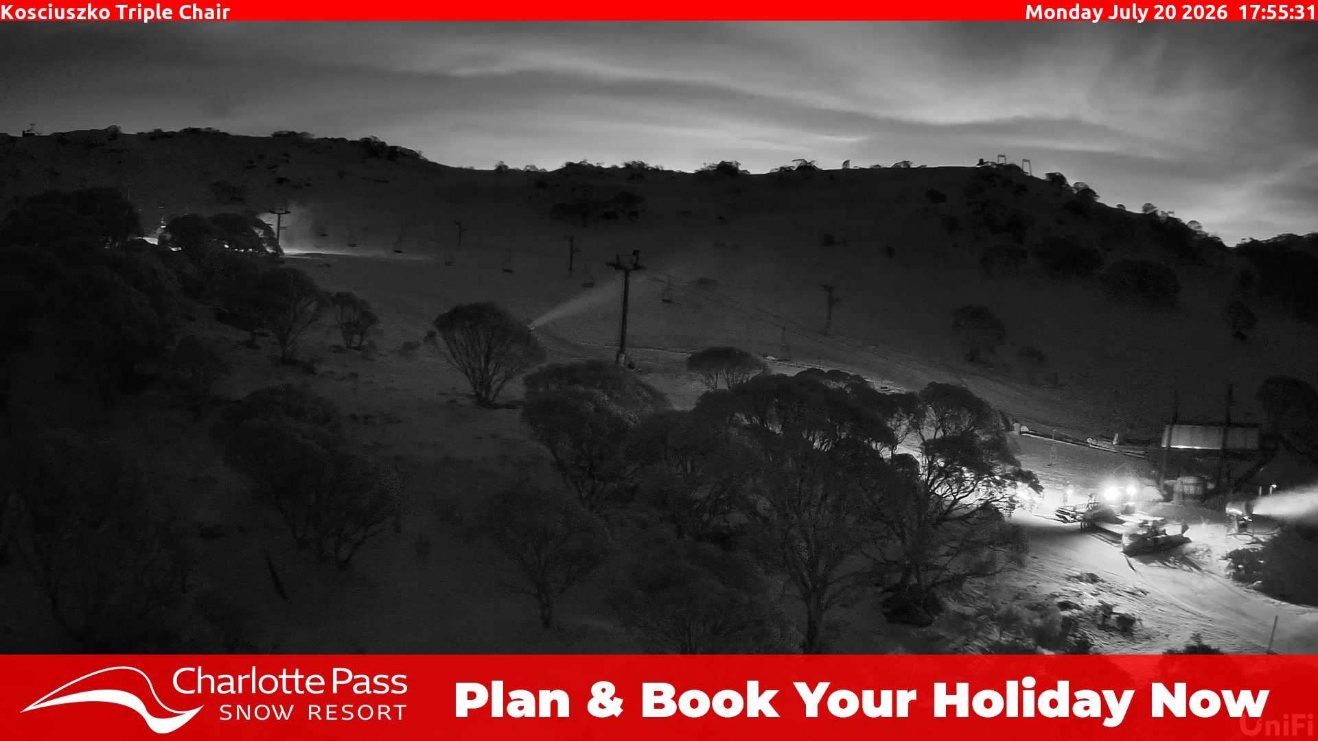 Charlotte Pass Kosciuszko Triple Chair snow cam captured at 20 July 2026 at 5:57 pm AEST