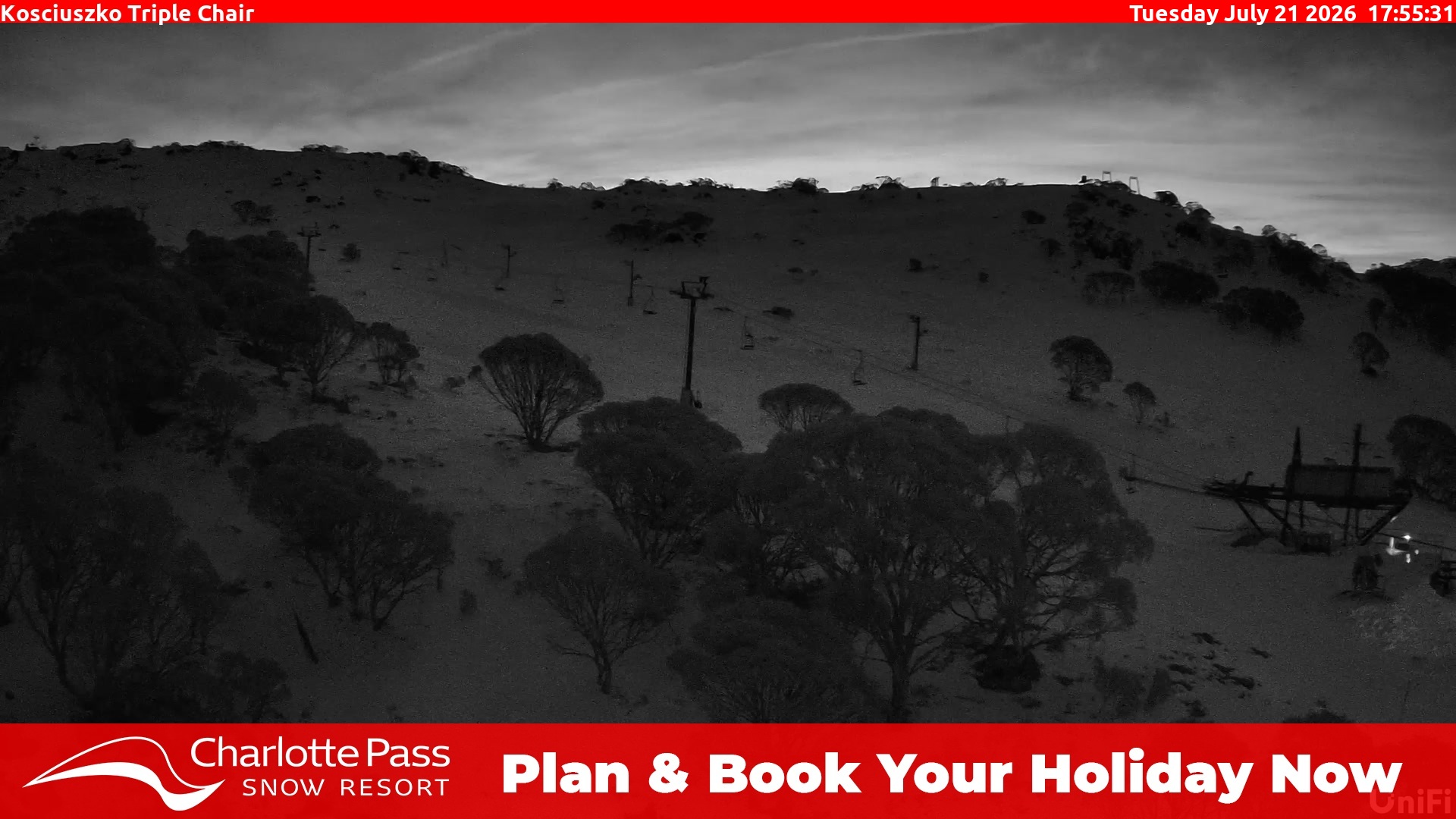 Charlotte Pass Kosciuszko Triple Chair snow cam captured at 21 July 2026 at 5:58 pm AEST