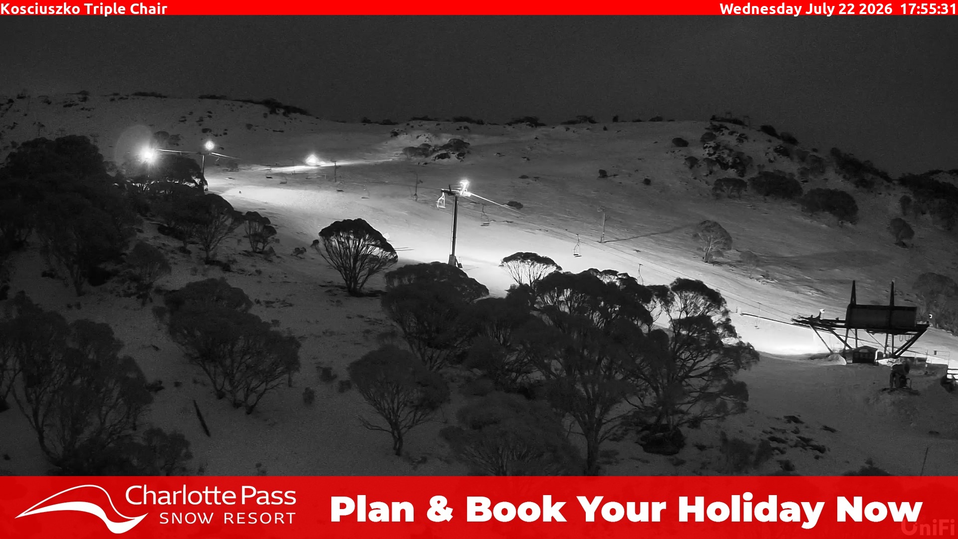 Charlotte Pass Kosciuszko Triple Chair snow cam captured at 22 July 2026 at 6:30 pm AEST