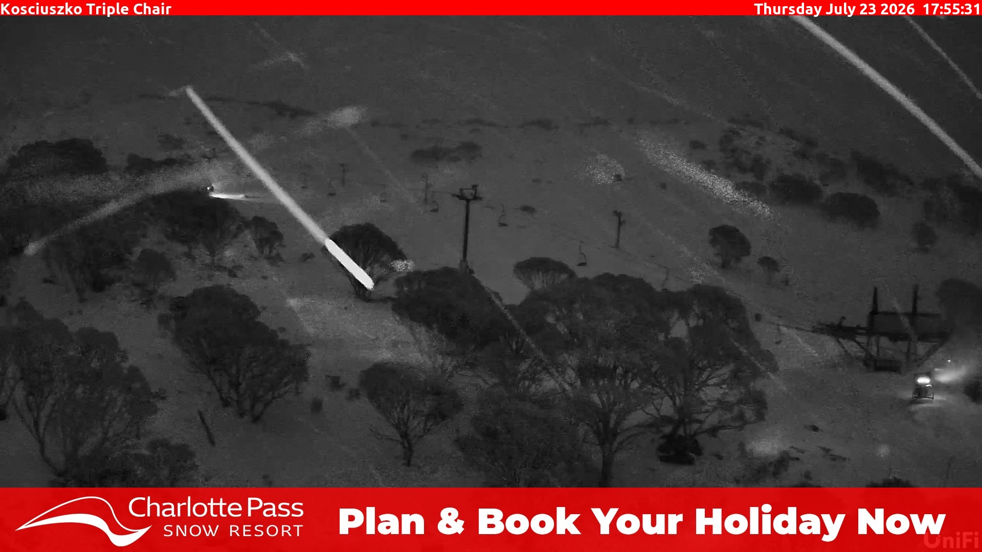 Charlotte Pass Kosciuszko Triple Chair snow cam captured at 23 July 2026 at 5:59 pm AEST