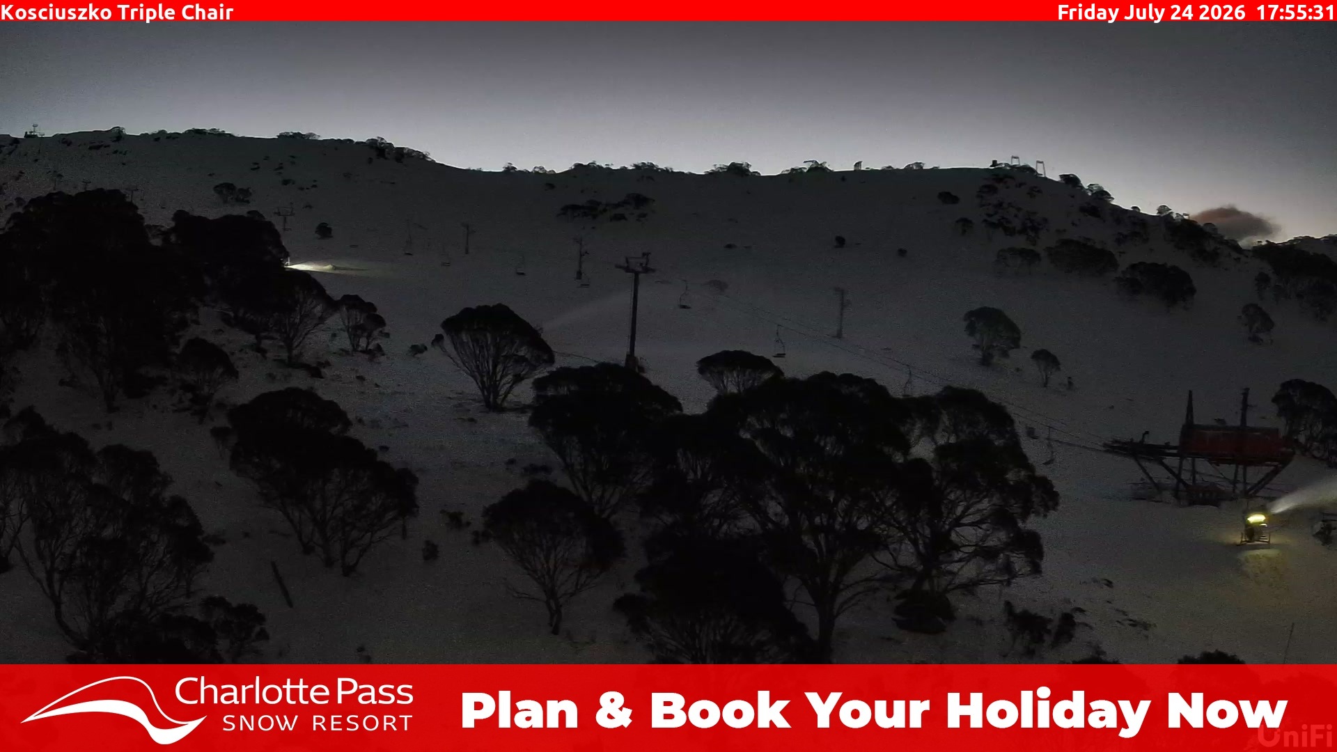 Charlotte Pass Kosciuszko Triple Chair snow cam captured at 24 July 2026 at 6:01 pm AEST