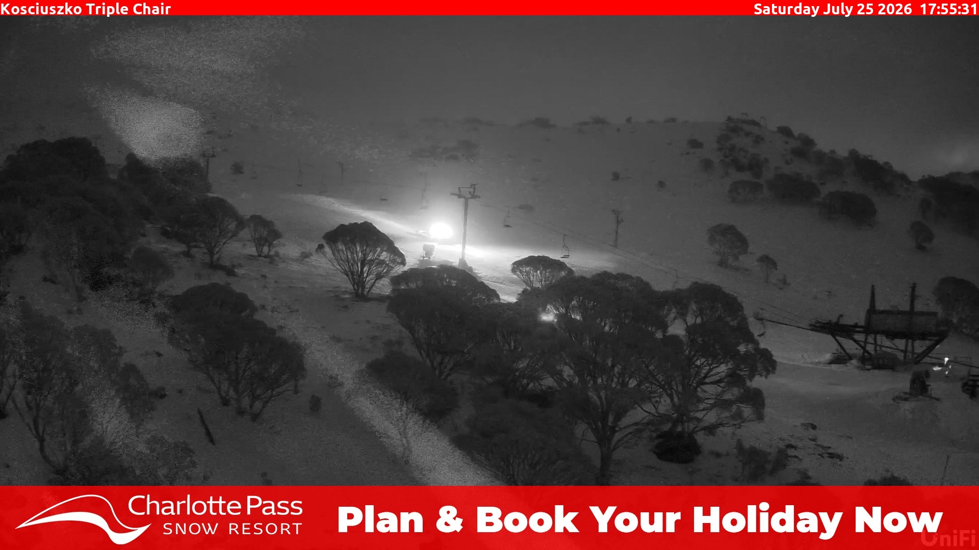 Charlotte Pass Kosciuszko Triple Chair snow cam captured at 25 July 2026 at 6:02 pm AEST