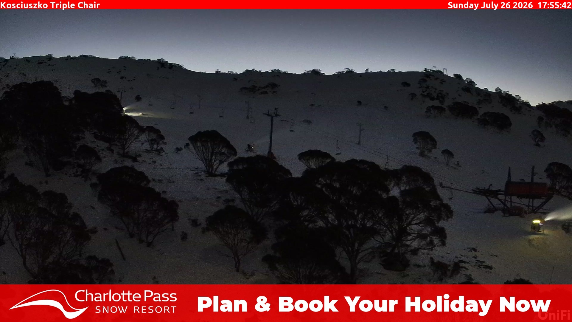 Charlotte Pass Kosciuszko Triple Chair snow cam captured at 26 July 2026 at 6:03 pm AEST