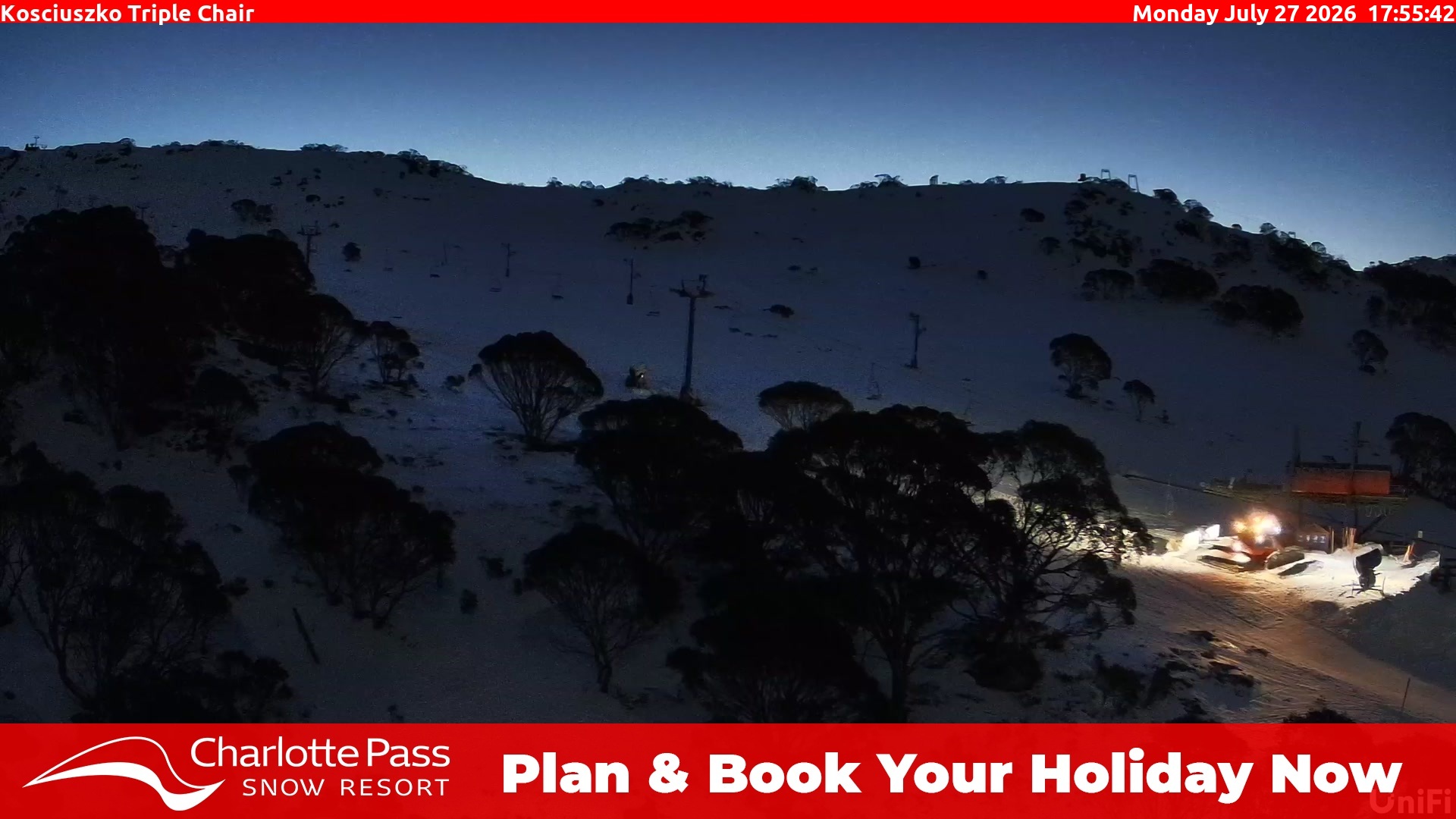 Charlotte Pass Kosciuszko Triple Chair snow cam captured at 27 July 2026 at 6:04 pm AEST