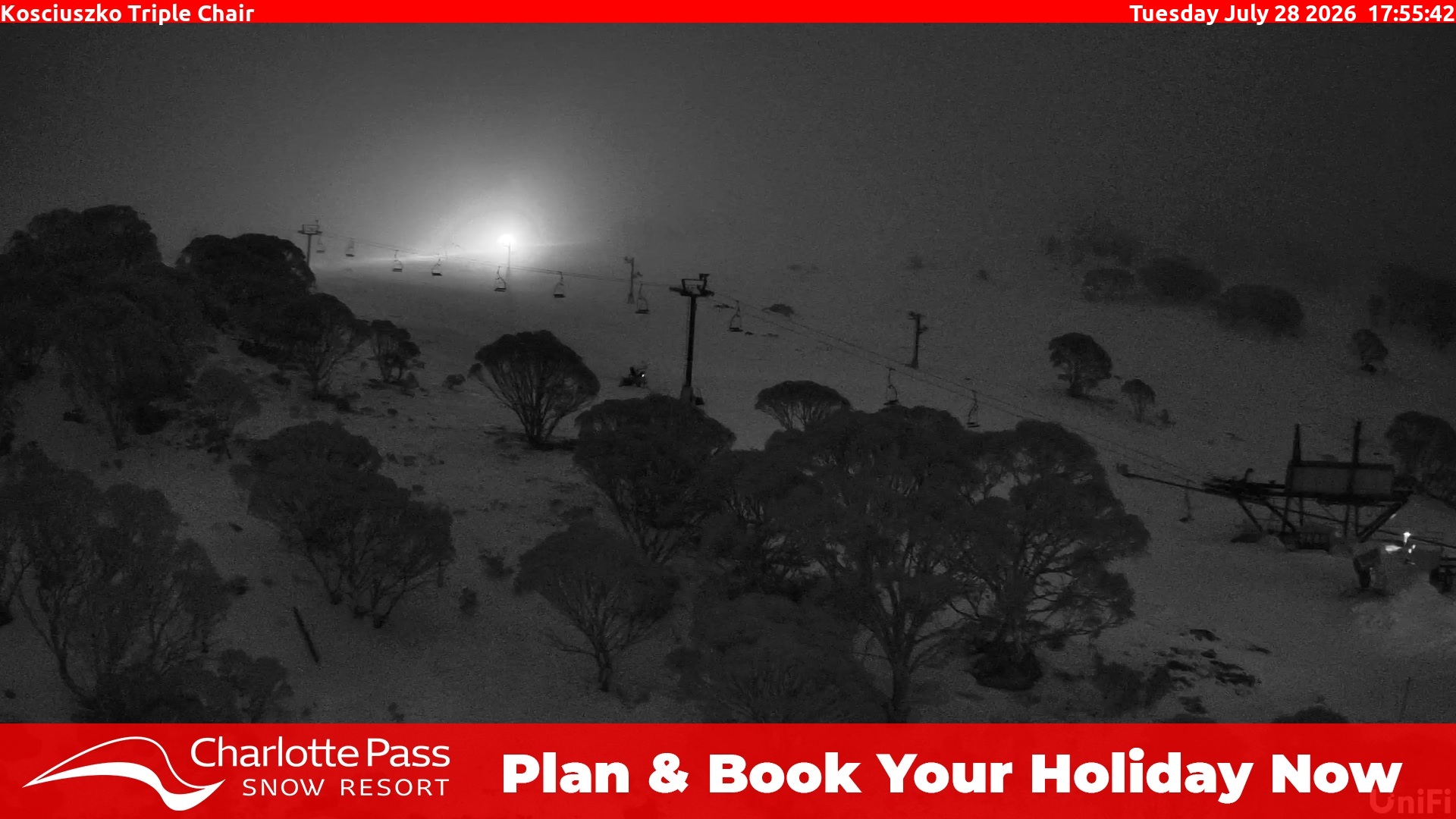 Charlotte Pass Kosciuszko Triple Chair snow cam captured at 28 July 2026 at 6:05 pm AEST