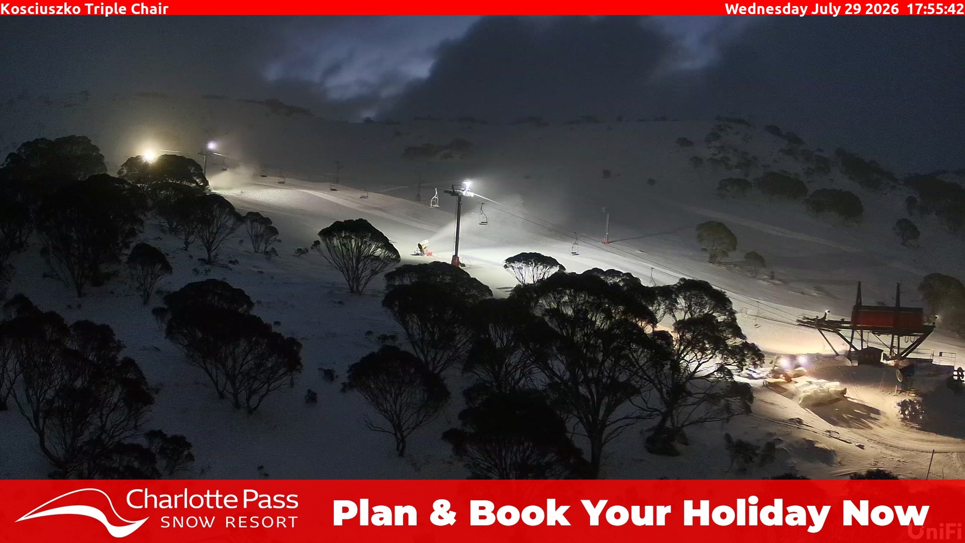 Charlotte Pass Kosciuszko Triple Chair snow cam captured at 29 July 2026 at 6:06 pm AEST