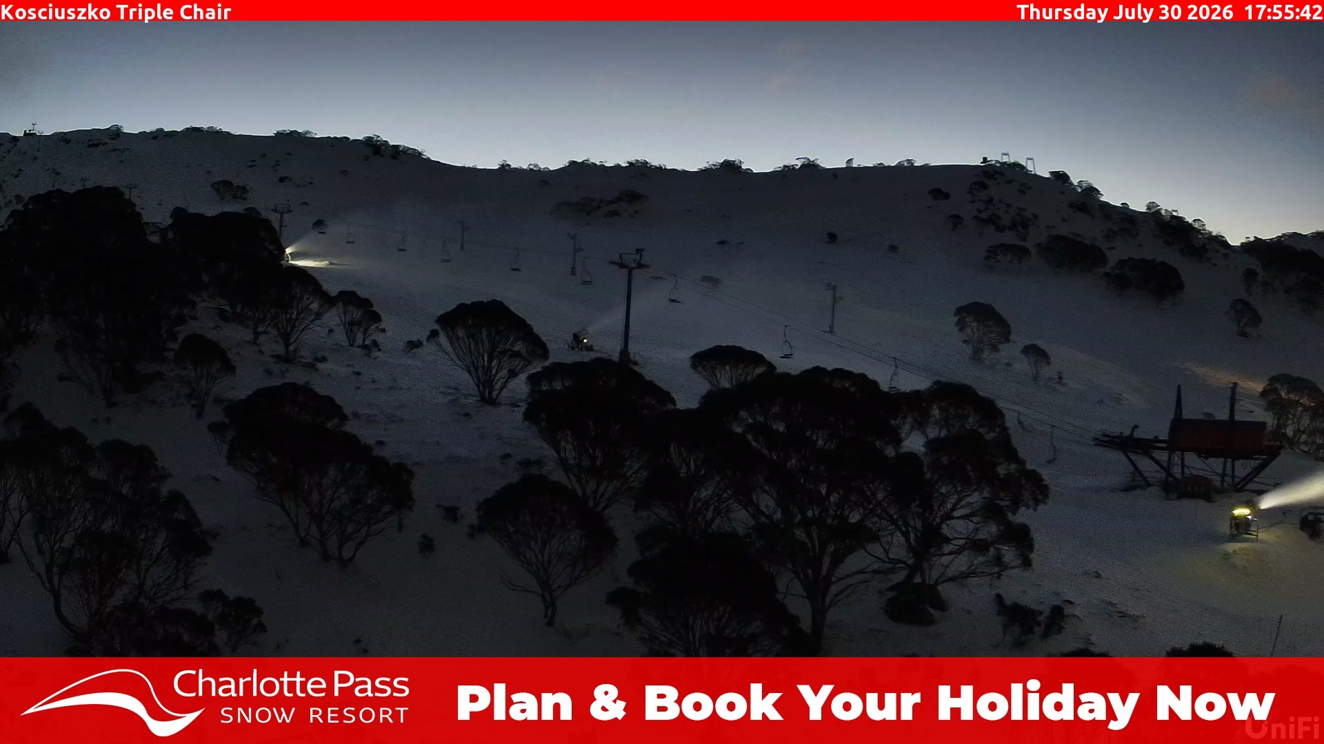 Charlotte Pass Kosciuszko Triple Chair snow cam captured at 30 July 2026 at 6:06 pm AEST