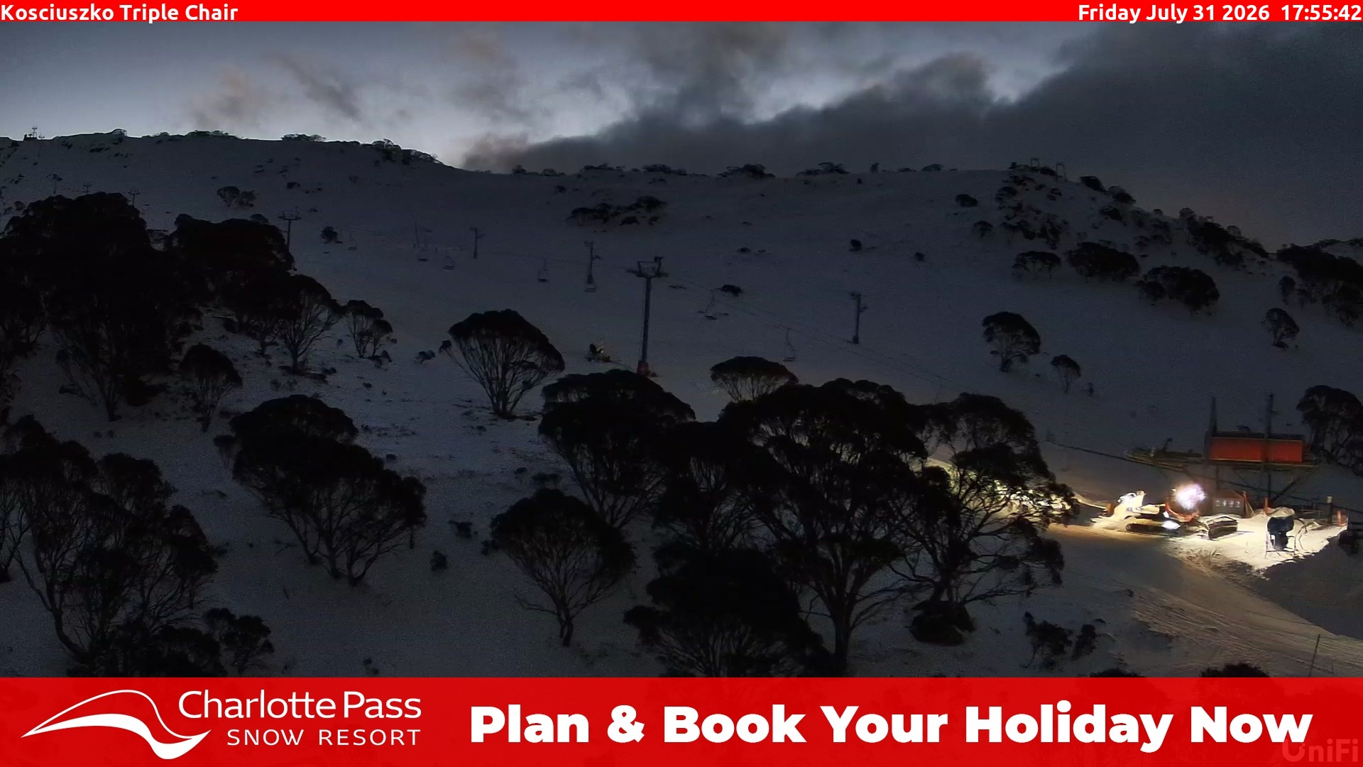 Charlotte Pass Kosciuszko Triple Chair snow cam captured at 31 July 2026 at 5:56 pm AEST