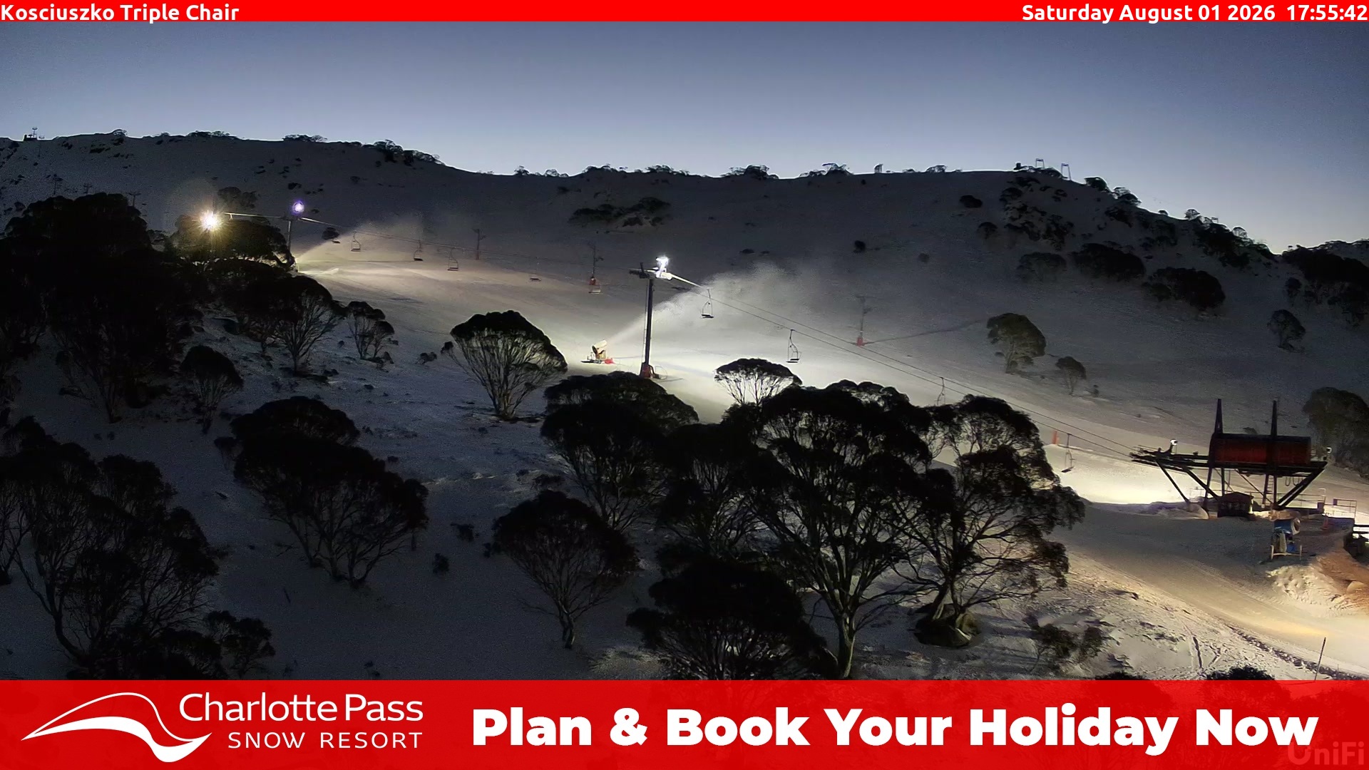 Charlotte Pass Kosciuszko Triple Chair snow cam captured at 1 August 2026 at 6:06 pm AEST