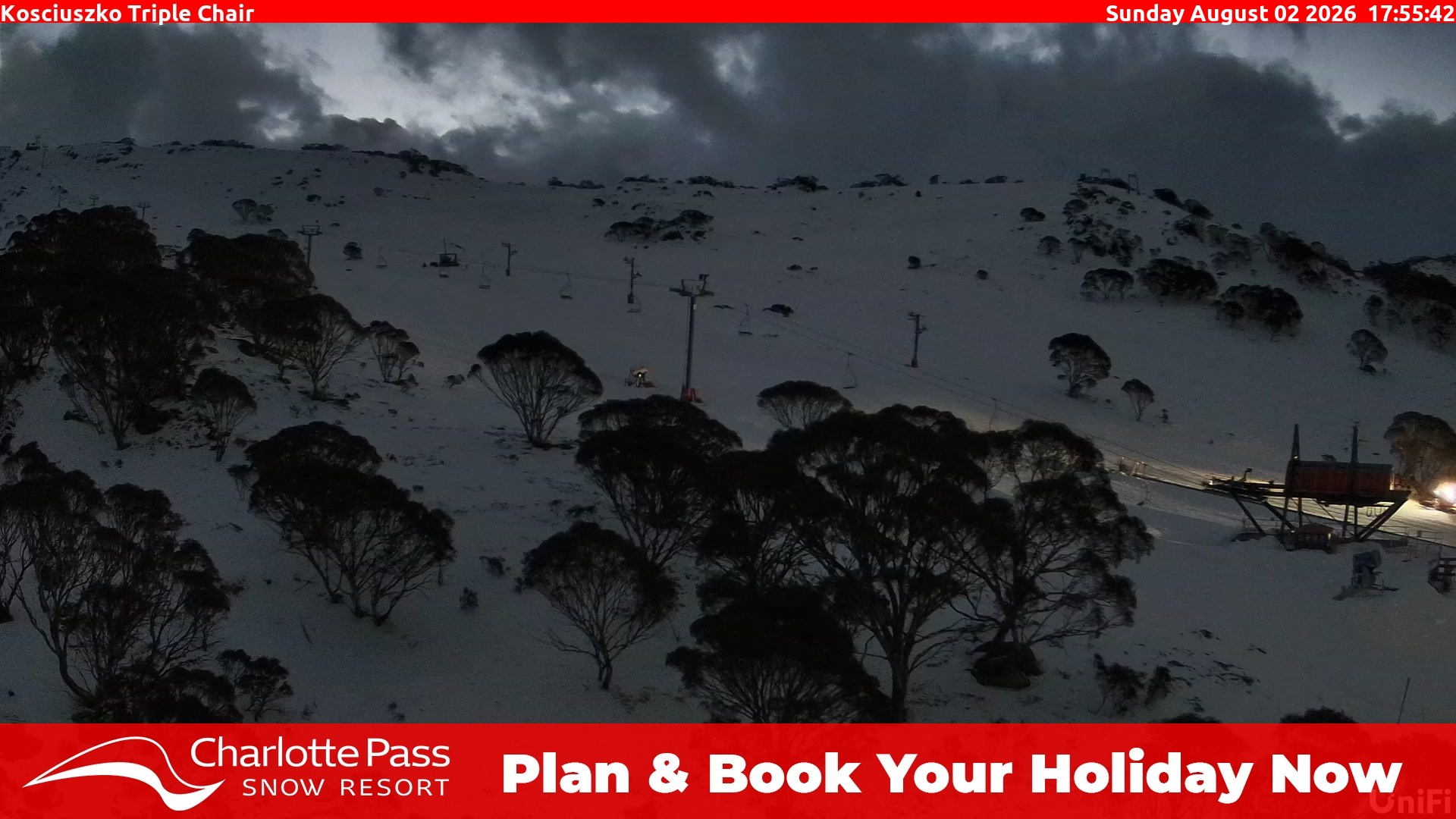 Charlotte Pass Kosciuszko Triple Chair snow cam captured at 2 August 2026 at 6:04 pm AEST
