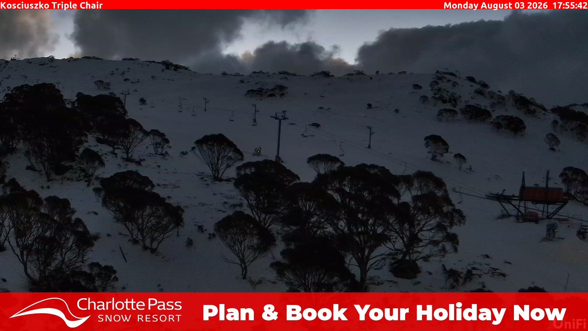 Charlotte Pass Kosciuszko Triple Chair snow cam captured at 3 August 2026 at 6:06 pm AEST