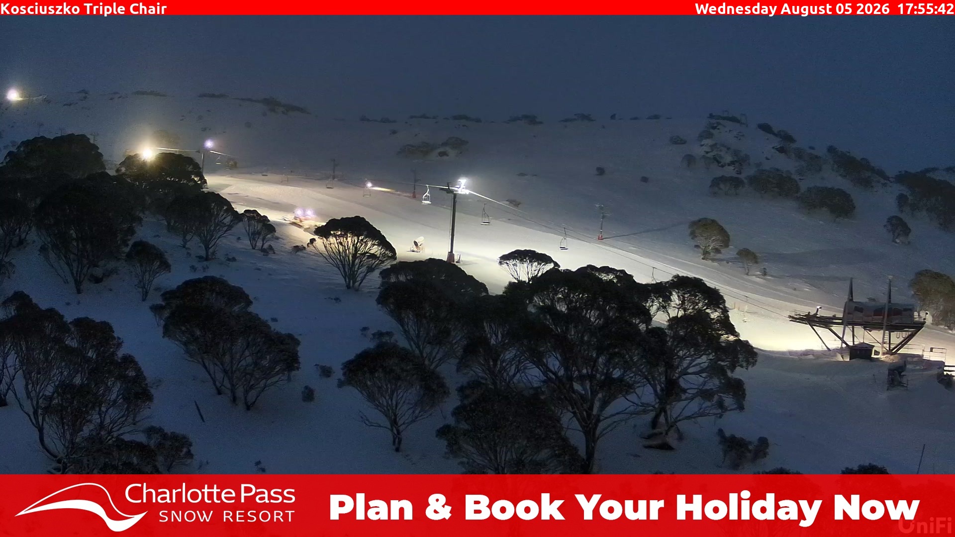 Charlotte Pass Kosciuszko Triple Chair snow cam captured at 5 August 2026 at 5:57 pm AEST