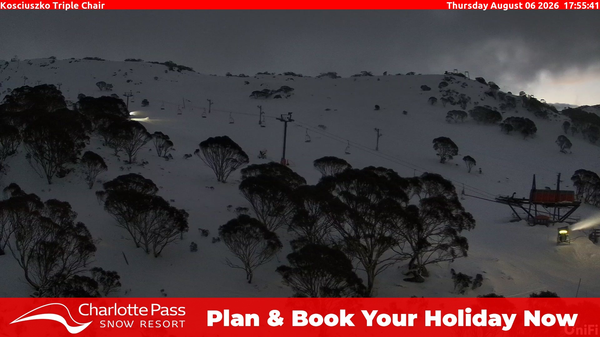 Charlotte Pass Kosciuszko Triple Chair snow cam captured at 6 August 2026 at 5:58 pm AEST