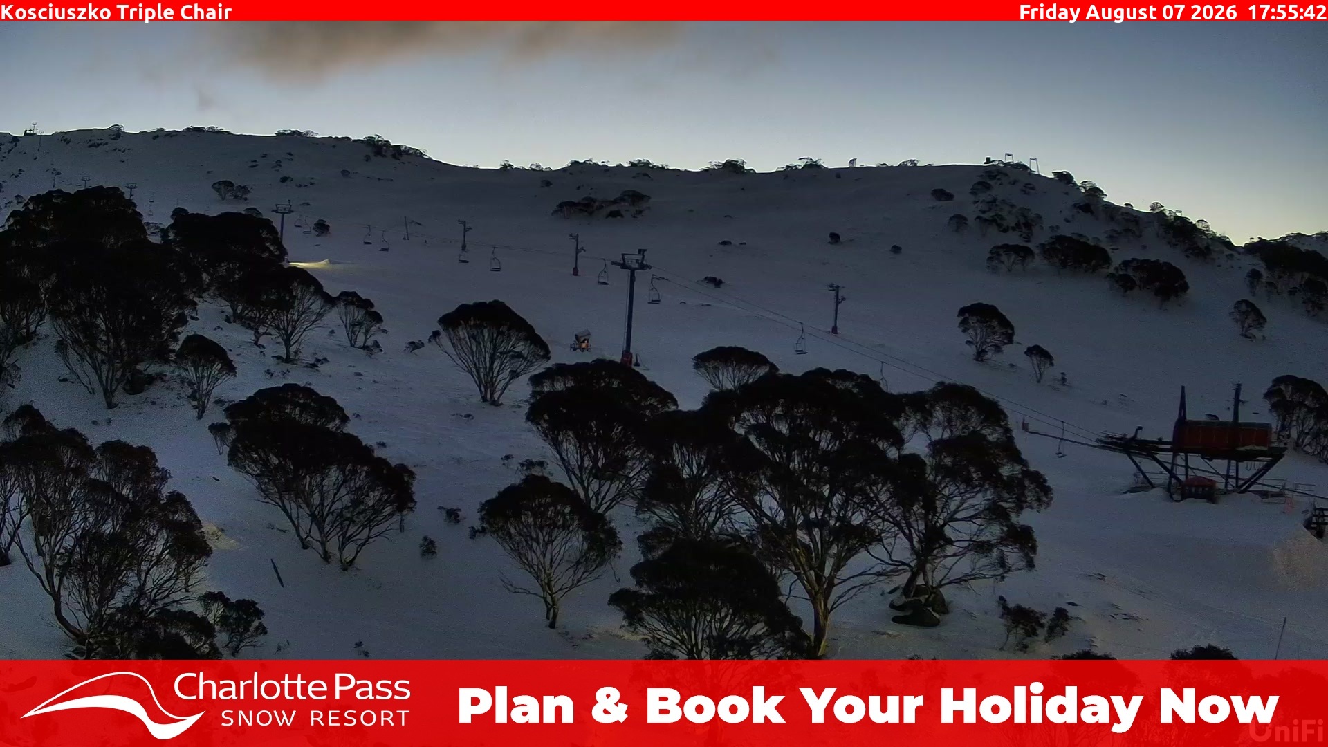 Charlotte Pass Kosciuszko Triple Chair snow cam captured at 7 August 2026 at 6:00 pm AEST