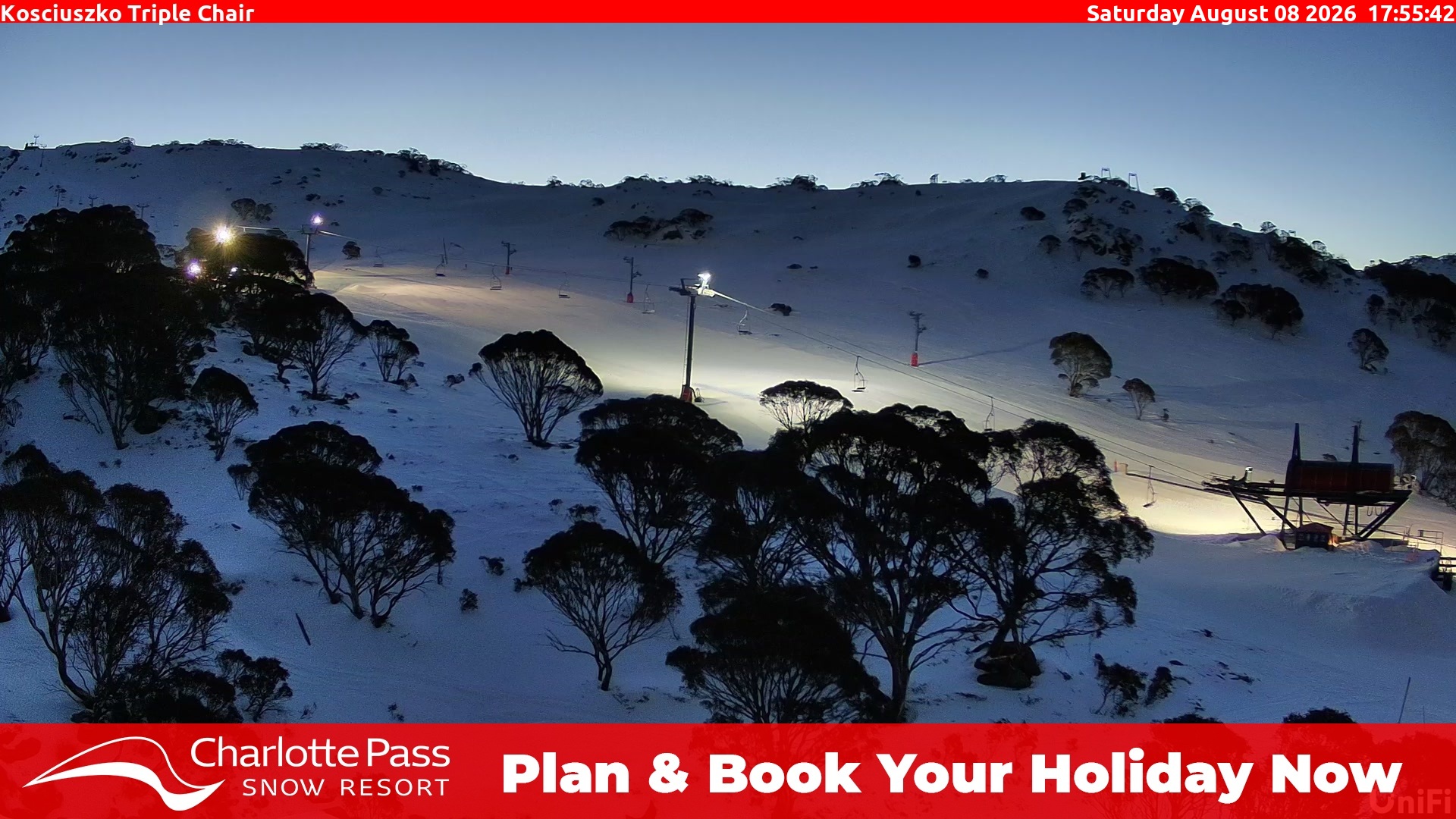 Charlotte Pass Kosciuszko Triple Chair snow cam captured at 8 August 2026 at 6:01 pm AEST