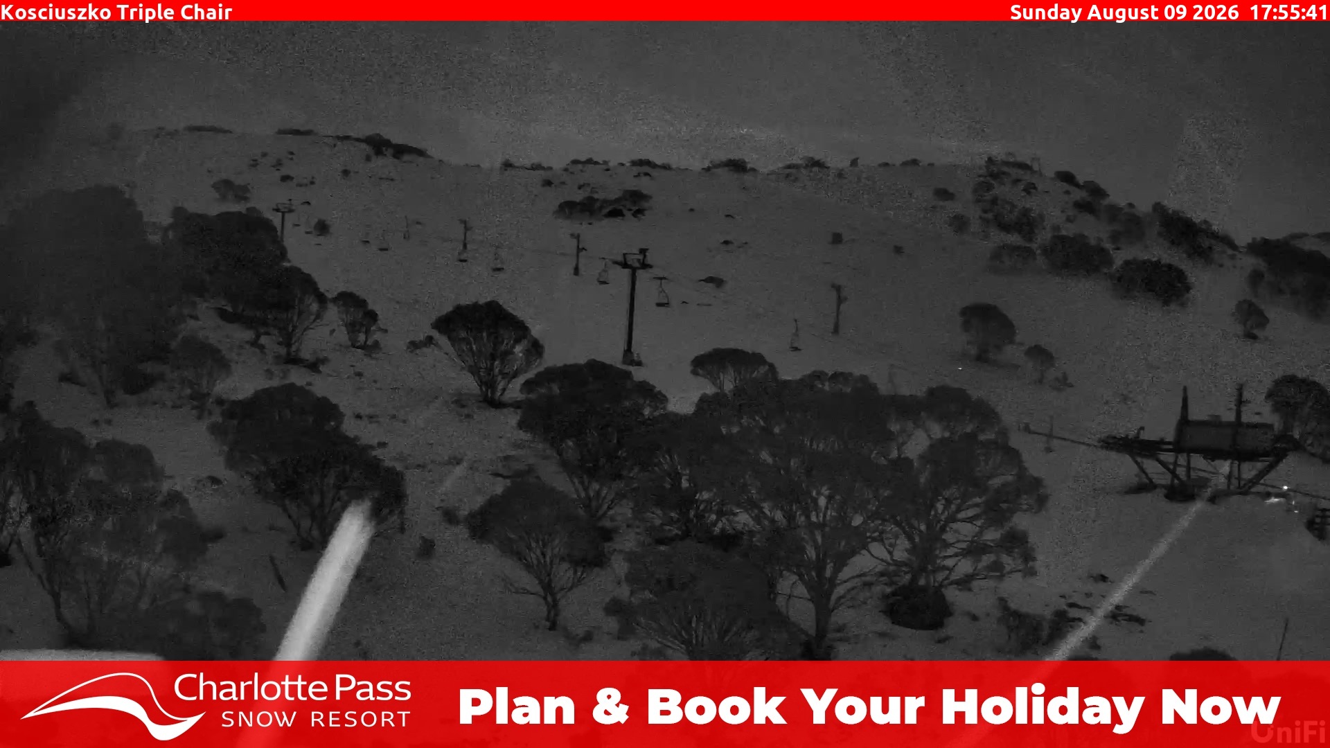 Charlotte Pass Kosciuszko Triple Chair snow cam captured at 9 August 2026 at 6:03 pm AEST