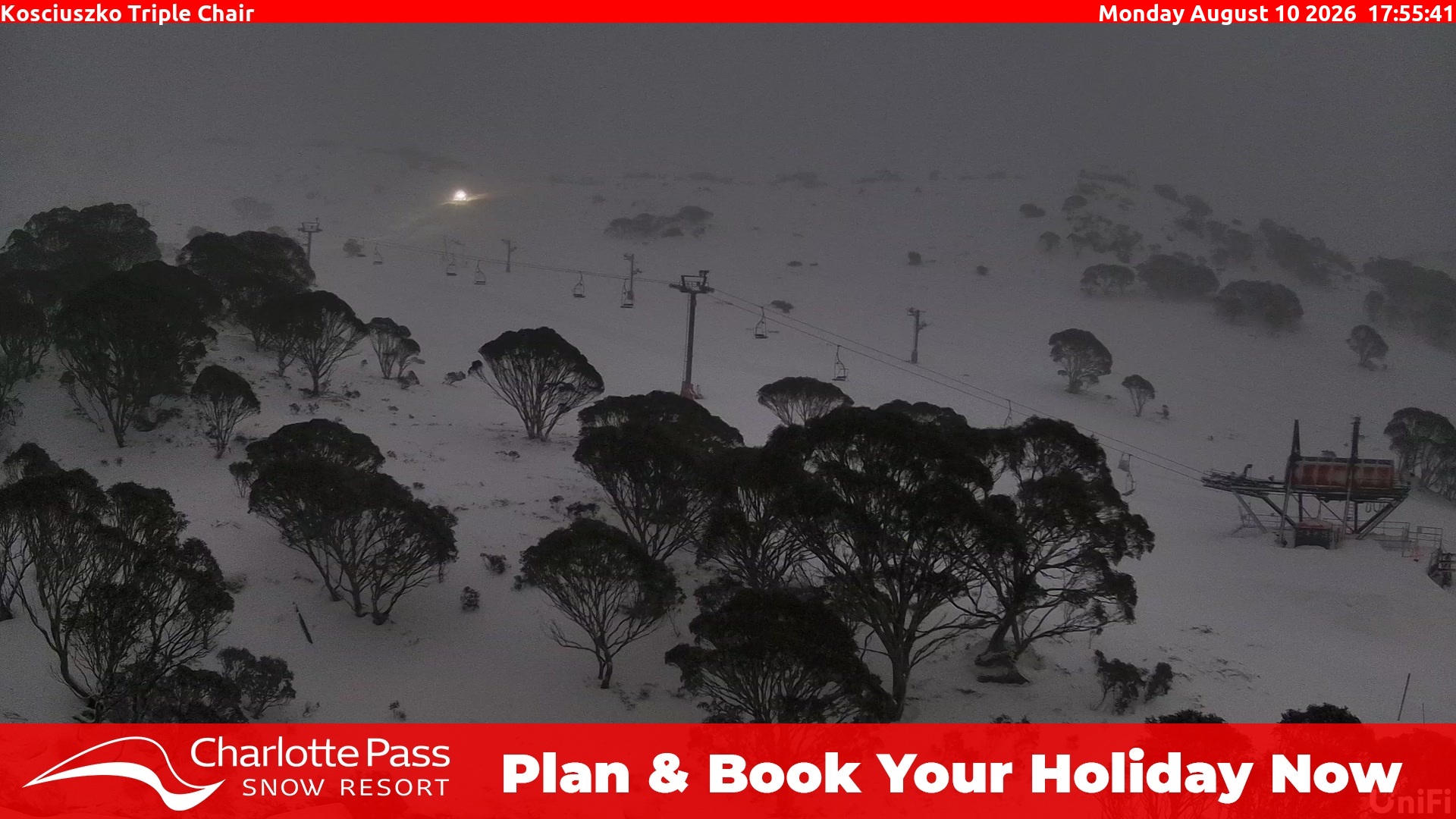 Charlotte Pass Kosciuszko Triple Chair snow cam captured at 10 August 2026 at 6:01 pm AEST