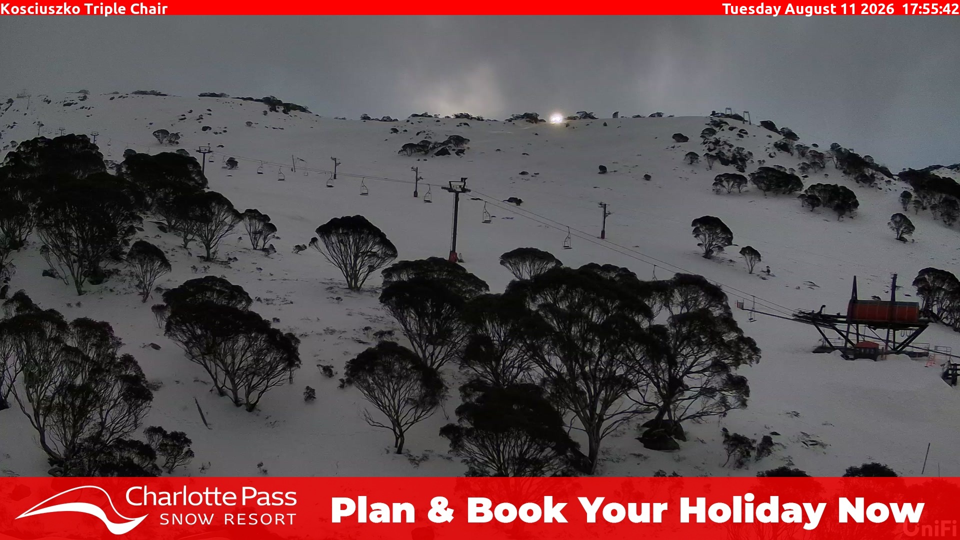 Charlotte Pass Kosciuszko Triple Chair snow cam captured at 11 August 2026 at 6:02 pm AEST