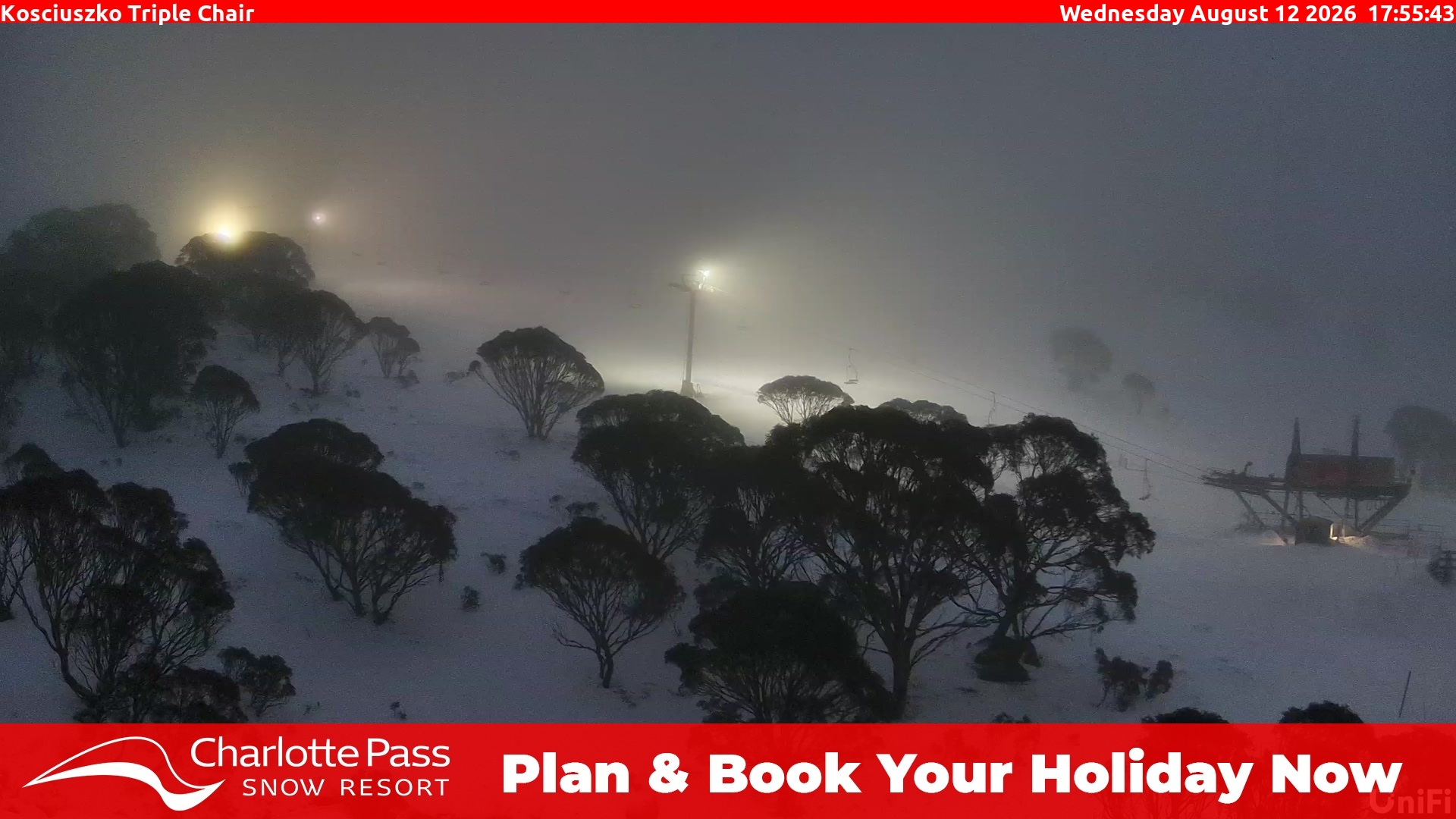 Charlotte Pass Kosciuszko Triple Chair snow cam captured at 12 August 2026 at 5:59 pm AEST