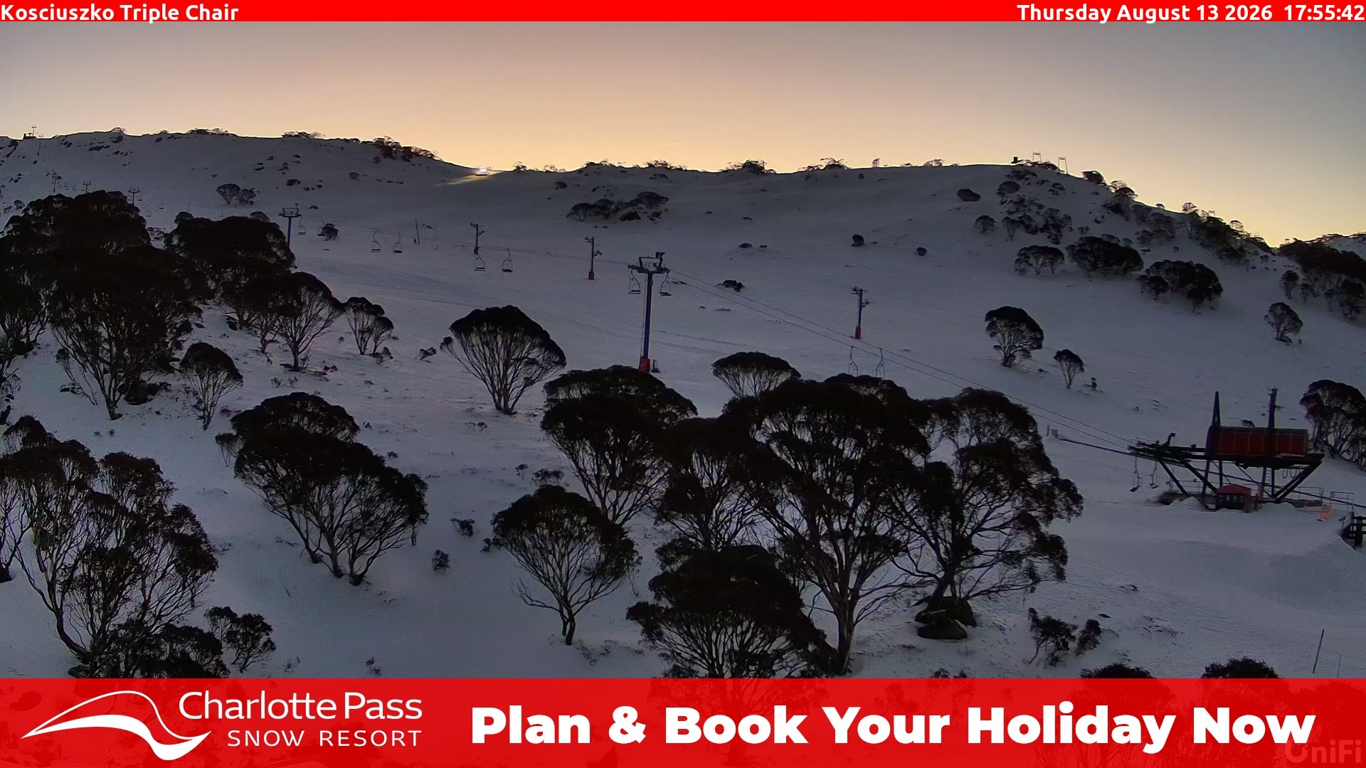 Charlotte Pass Kosciuszko Triple Chair snow cam captured at 13 August 2026 at 6:01 pm AEST