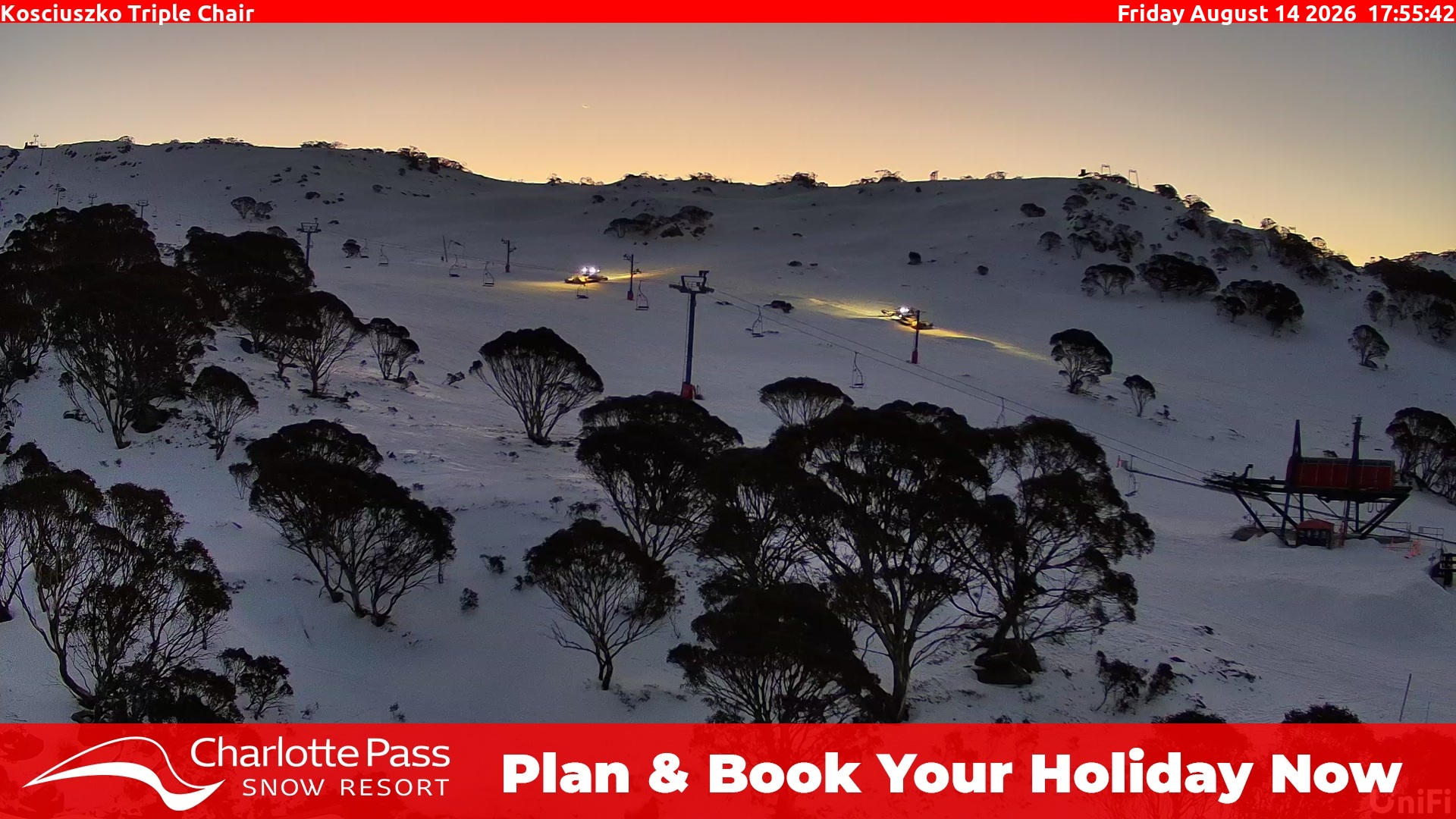 Charlotte Pass Kosciuszko Triple Chair snow cam captured at 14 August 2026 at 6:04 pm AEST
