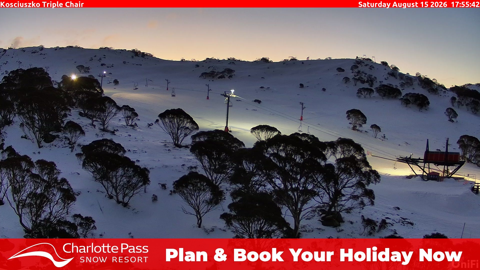 Charlotte Pass Kosciuszko Triple Chair snow cam captured at 15 August 2026 at 6:06 pm AEST