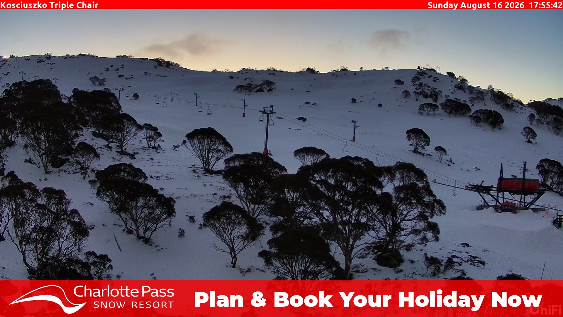 Charlotte Pass Kosciuszko Triple Chair snow cam captured at 16 August 2026 at 5:59 pm AEST
