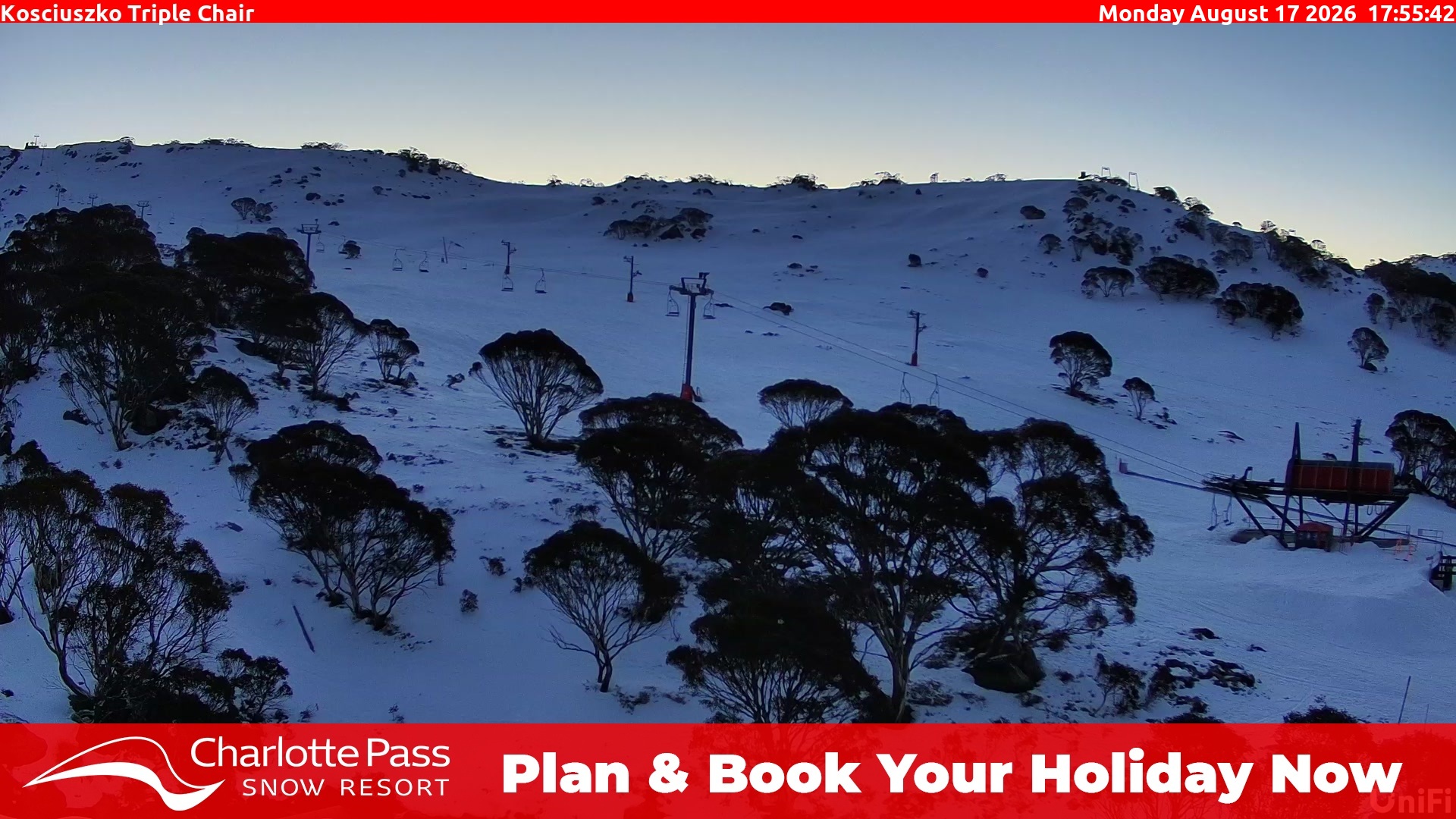 Charlotte Pass Kosciuszko Triple Chair snow cam captured at 17 August 2026 at 6:01 pm AEST