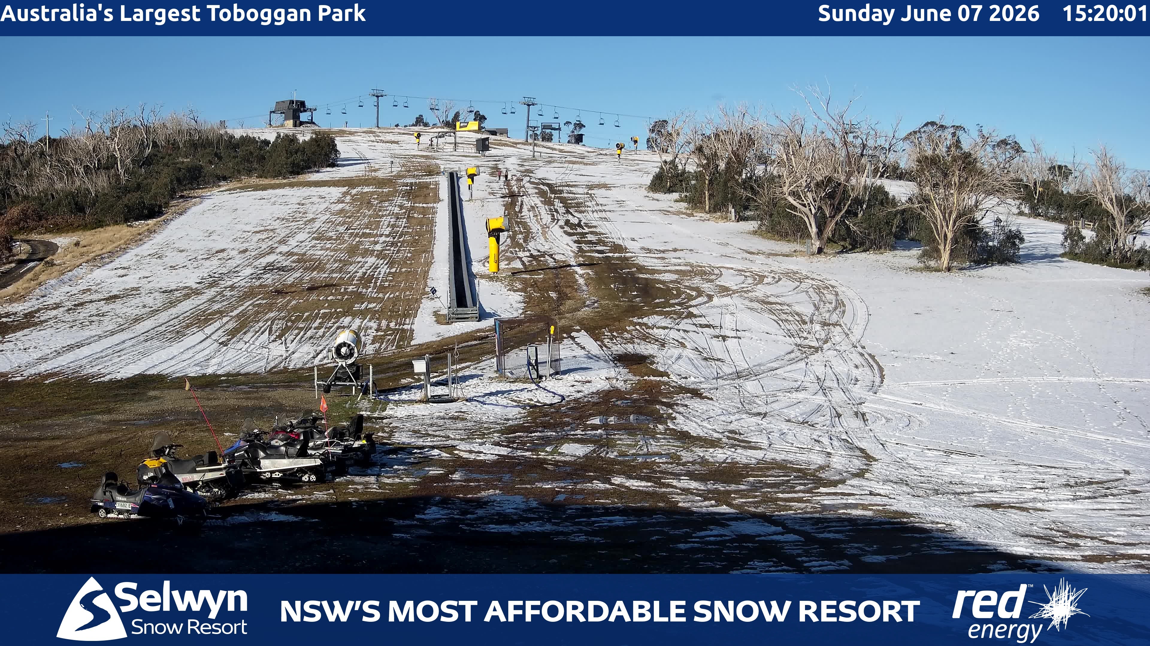 Selwyn Snow Resort Toboggan Park snow cam captured at 7 June 2026, 5:21 am